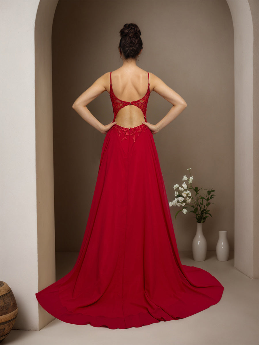Cicinia Red Prom Dresses Long Chiffon A-line Appliques Lace Sweep Train Party Dress