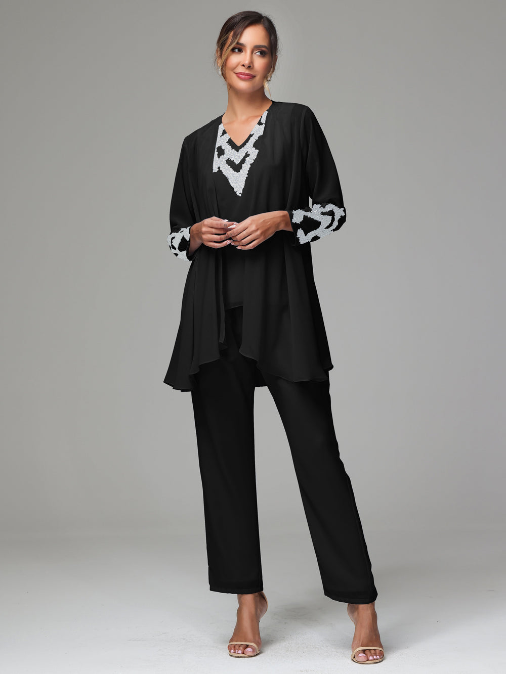 Cicinia 3 Pieces Black Mother Of The Bride Pant Suits With Jacket Plus Size Chiffon