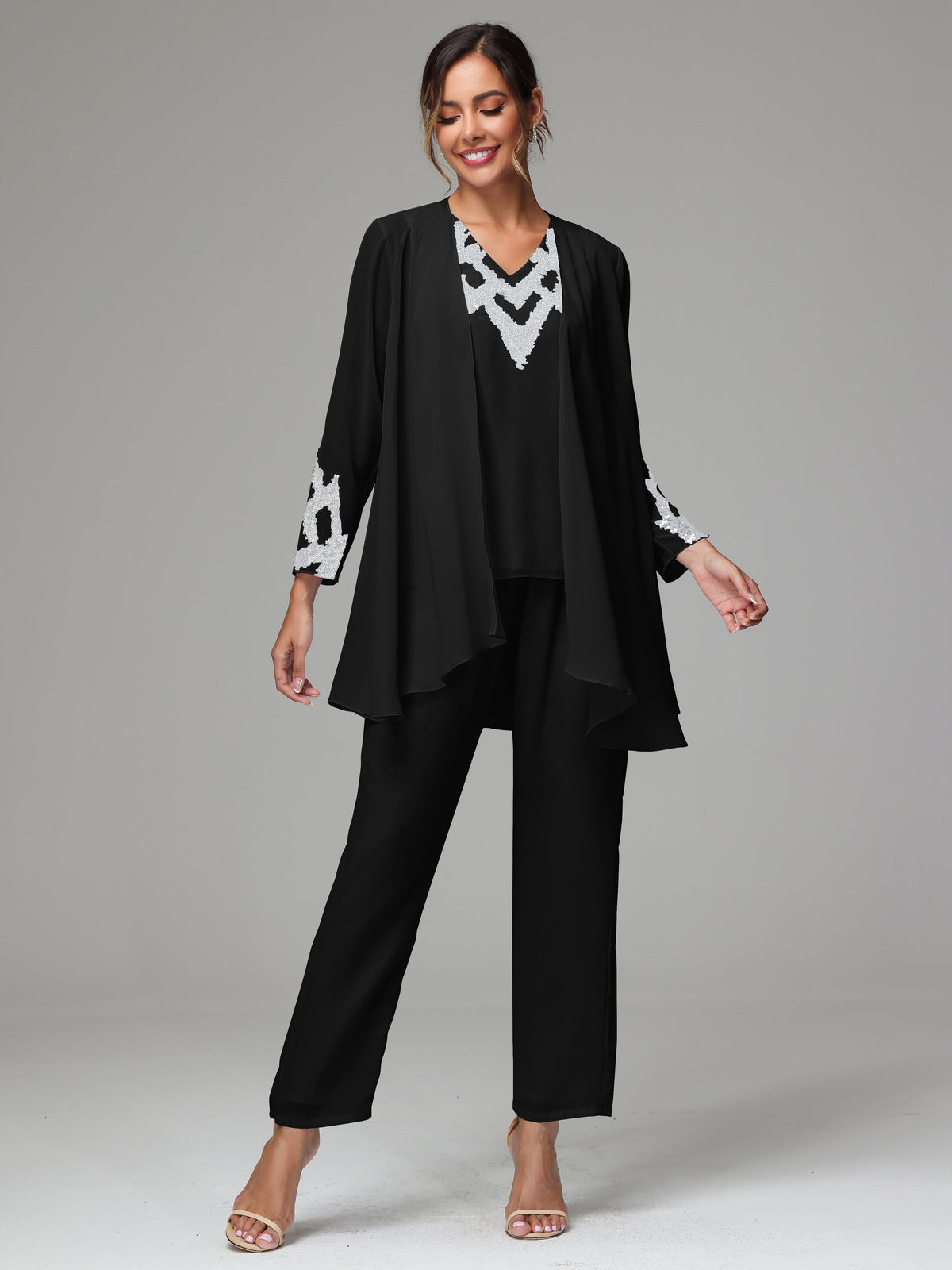 Cicinia Champagne Mother Of The Groom Dress Long Lace Chiffon A-line Tea Length Color Block Long Sleeves