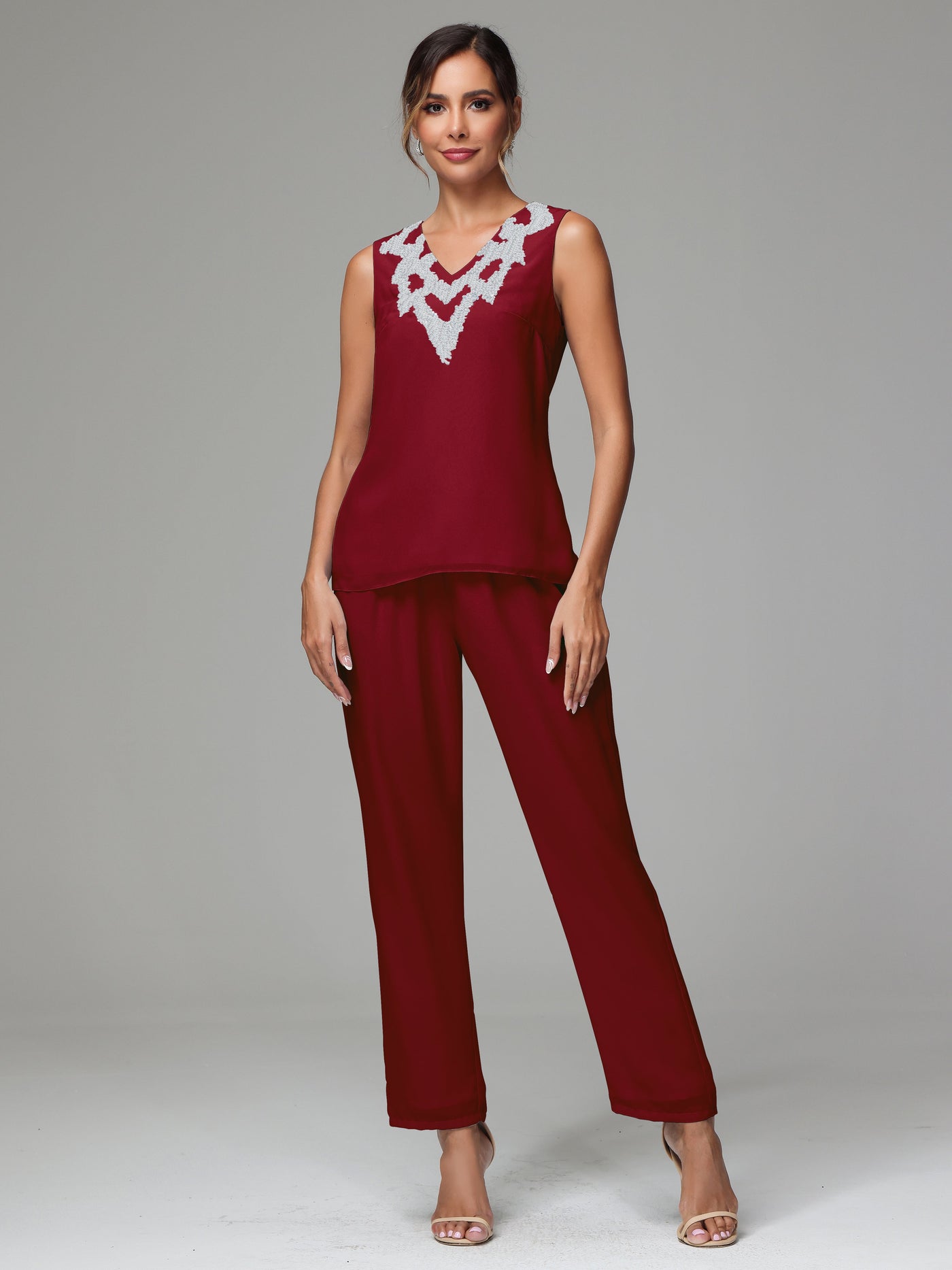 Chiffon V Neck Sequin 3 Pieces Mother of the Bride Pantsuits