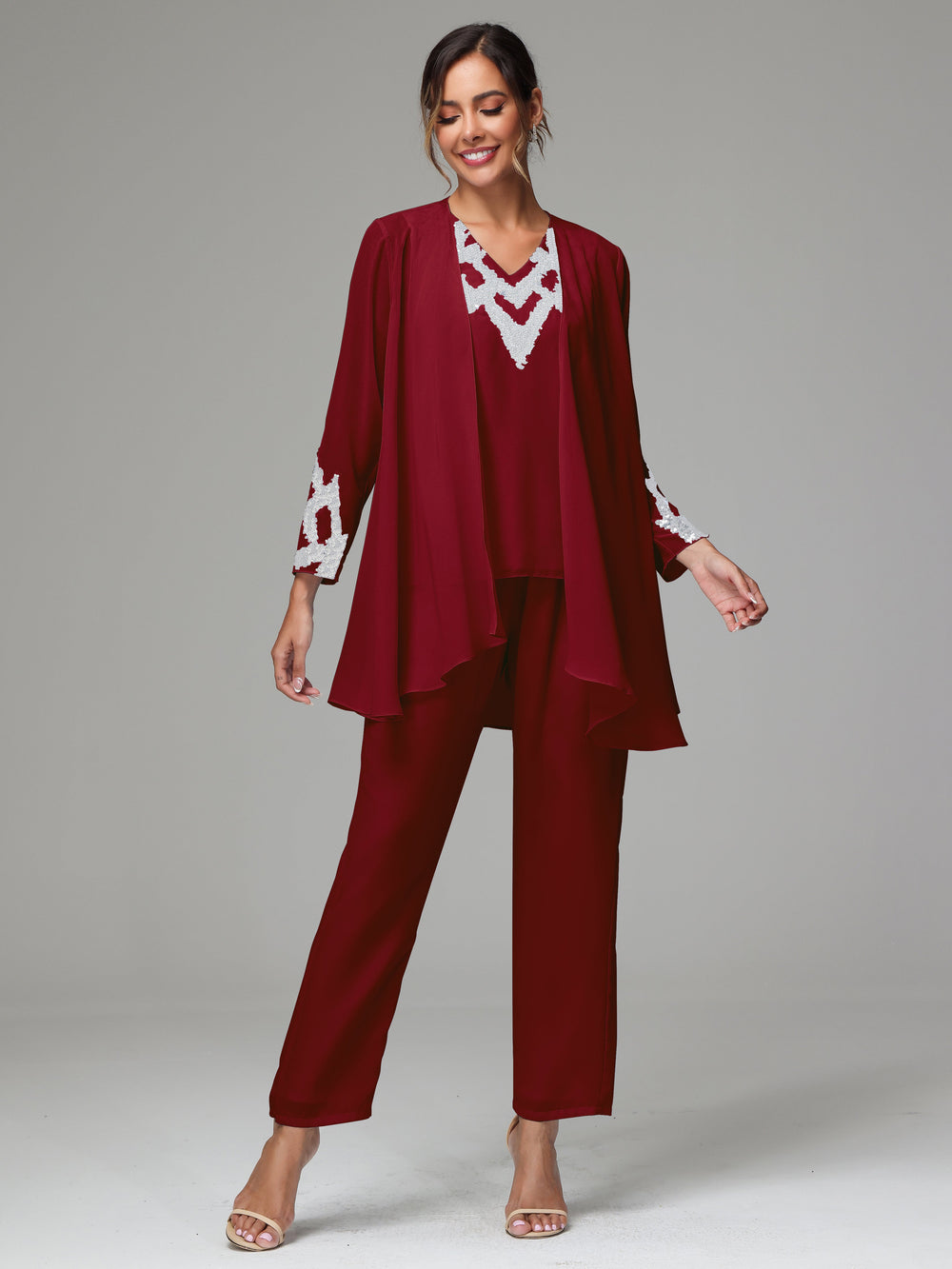 Cicinia Cabernet Mother Of The Groom Dress Long Lace Chiffon A-line Tea Length Color Block Long Sleeves