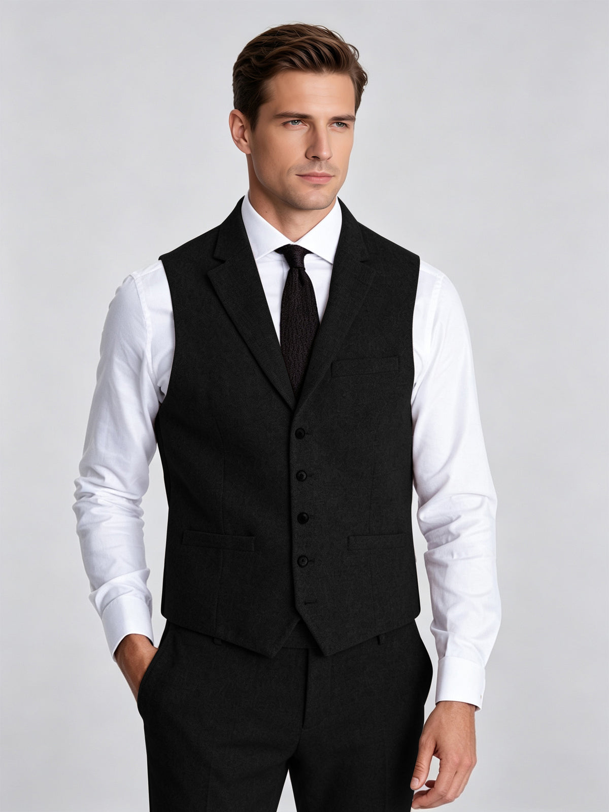 Cicinia Black Men's Suits 3 Pieces Notch Lapel Suit Set Wool Texture Slim Fit Jacket Vest Trousers