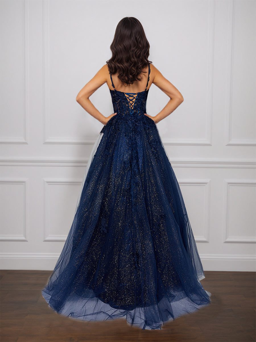 Cicinia Dark Navy Prom Dresses Long Glitter Tulle A-line Spaghetti Straps With Train