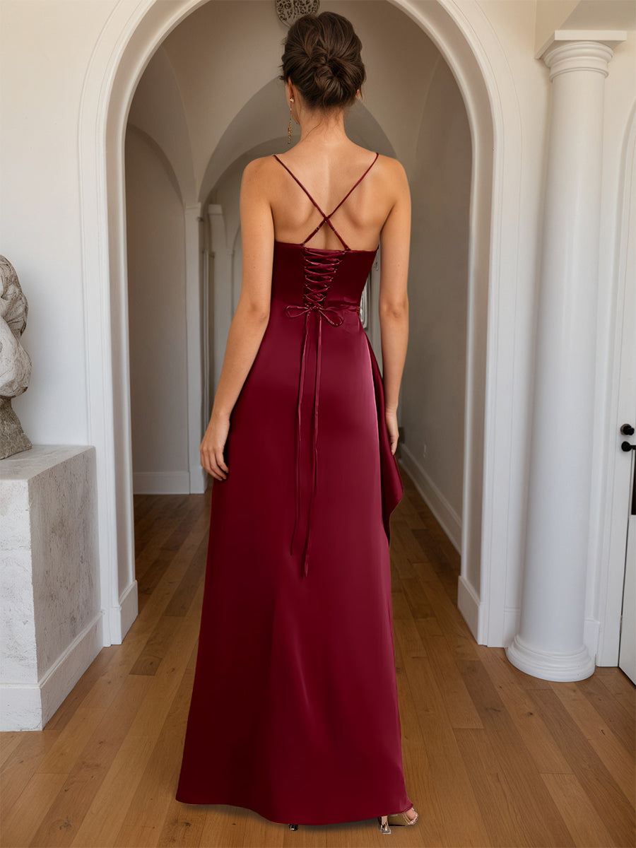 Cicinia Burgundy Prom Dresses Long Sheath Slit Spaghetti Straps Floor Length