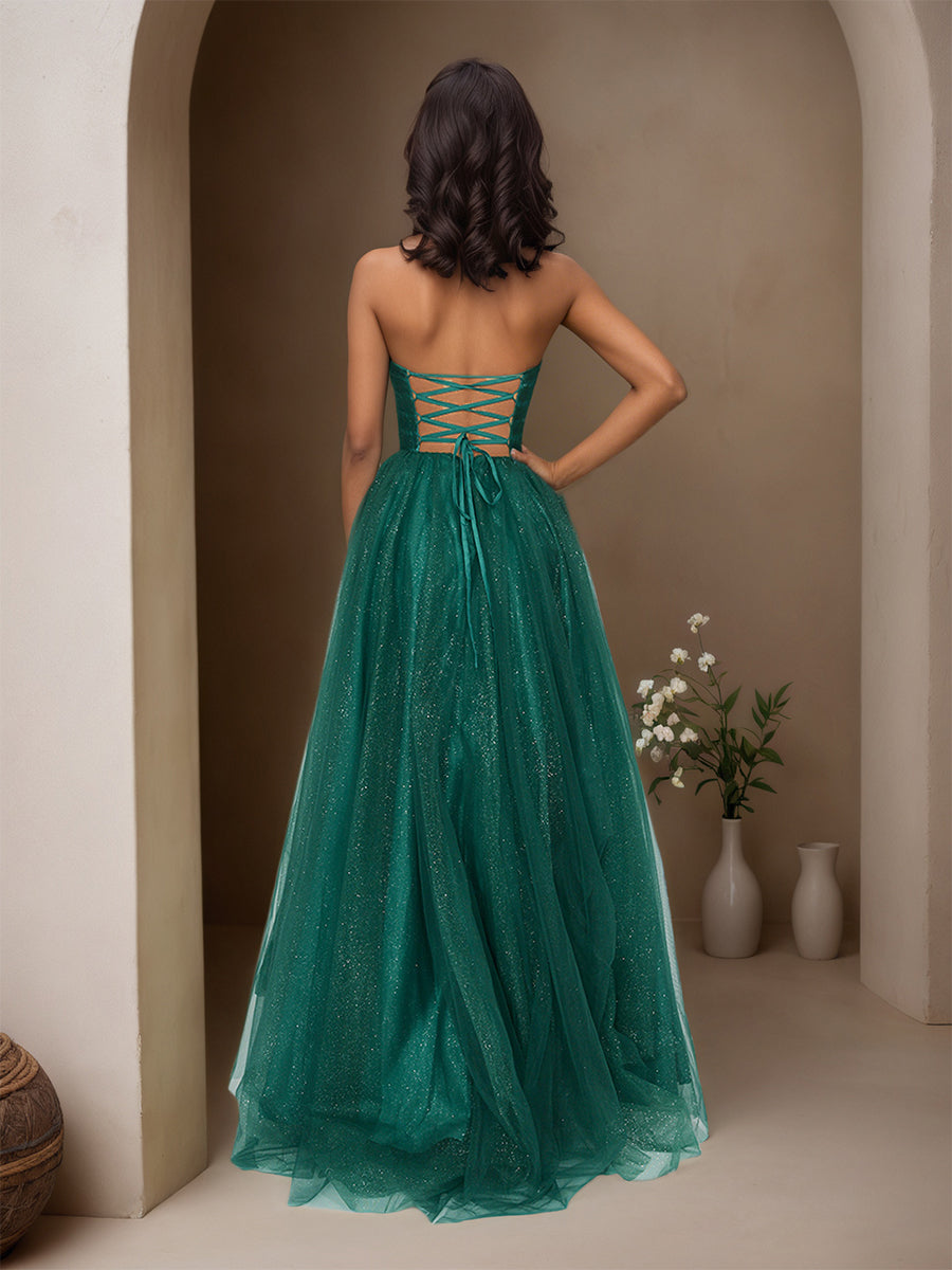 Cicinia Dark Green Prom Dresses Long Tulle A-line Strapless Sweep Train Evening Gowns