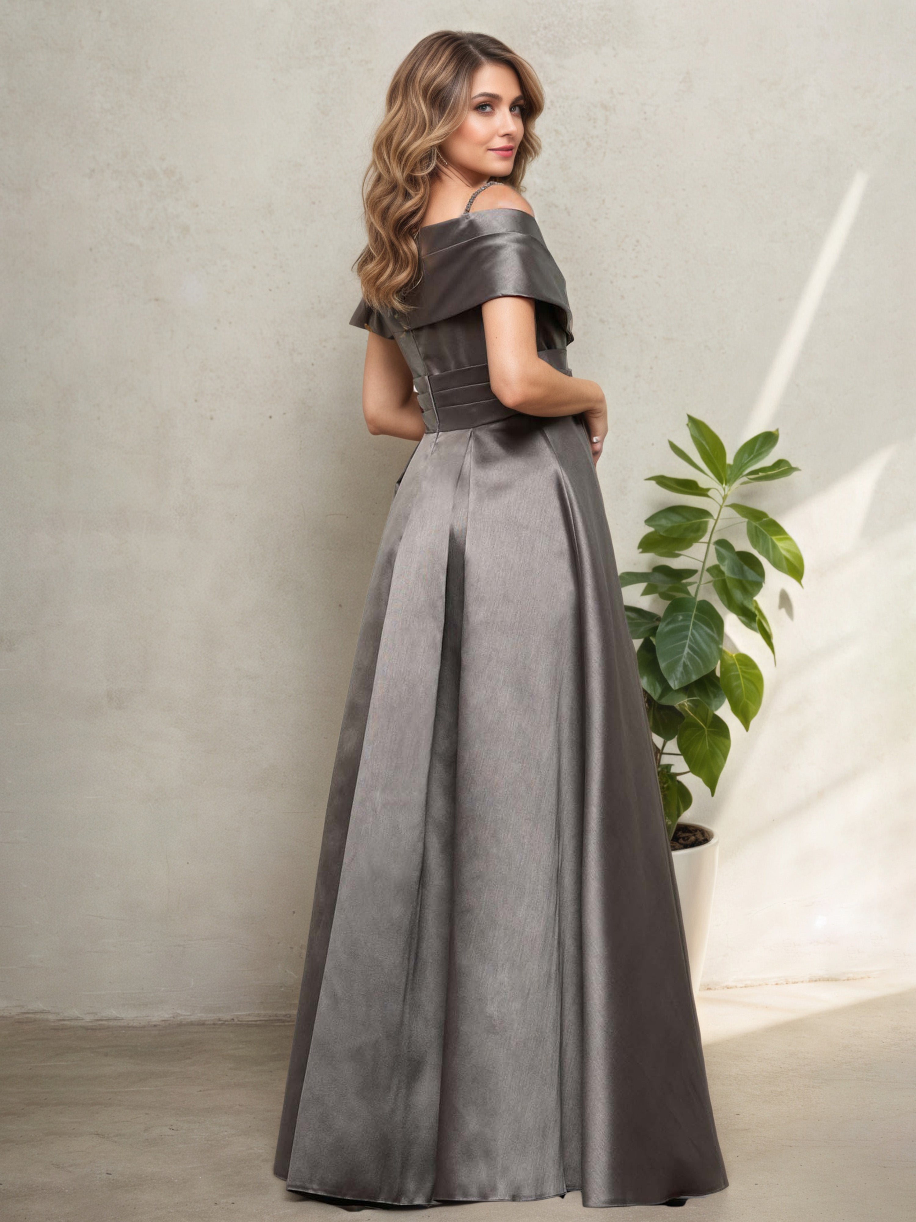 Satin Taupe Straps A-Line Mother Of The Bride Dress