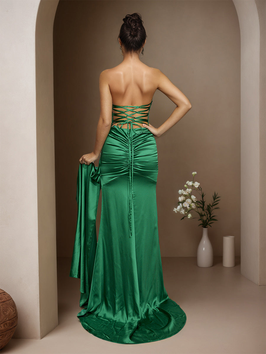 Cicinia Green Prom Dresses Long Soft Satin Sheath Sweep Train Strapless Charming