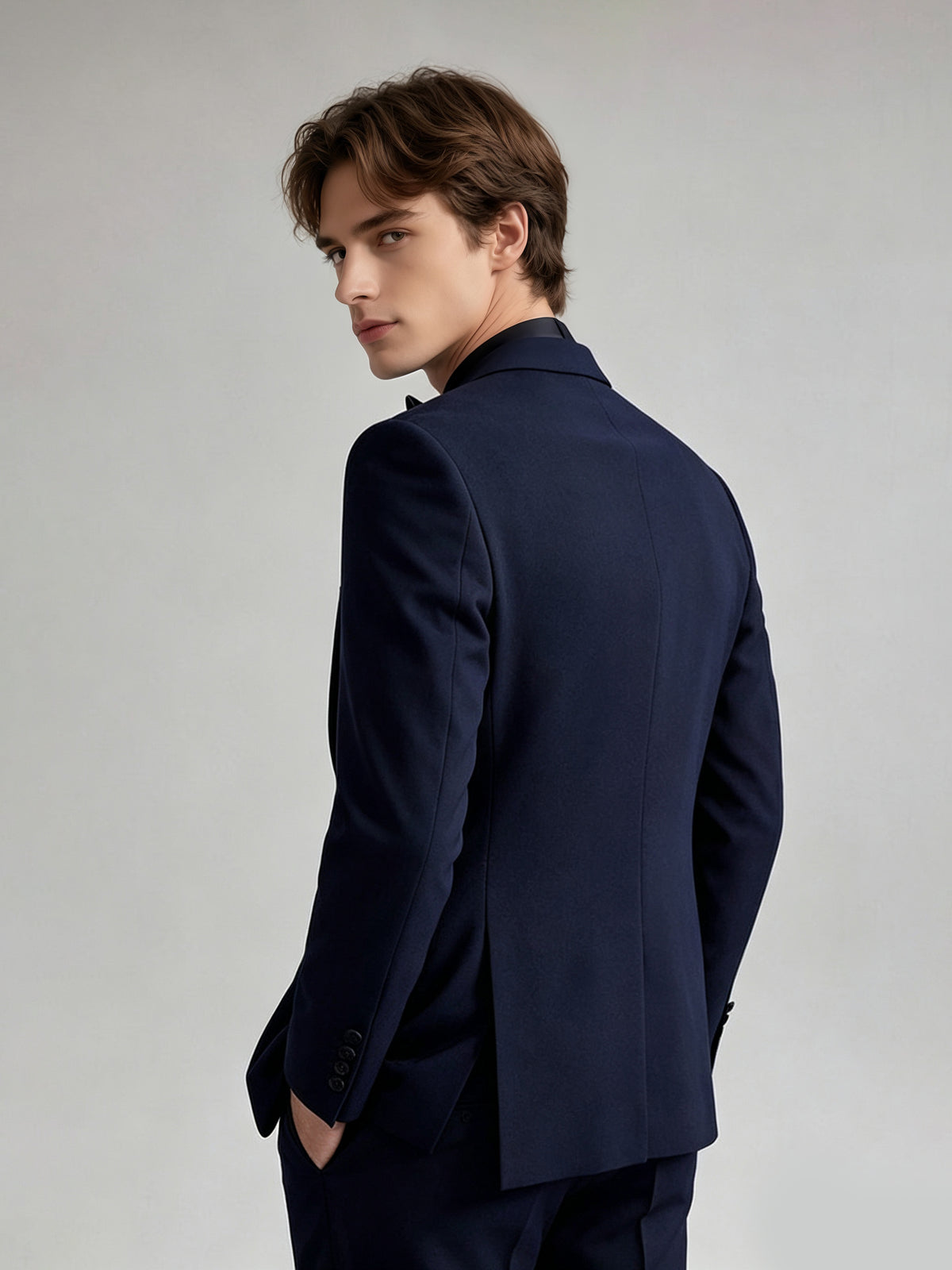 Cicinia 3 Pieces Tuxedo Peak Lapel Satin Trim Single Button Jacket V Neck Waistcoat Straight Leg Trousers Navy Blue Men's Suits