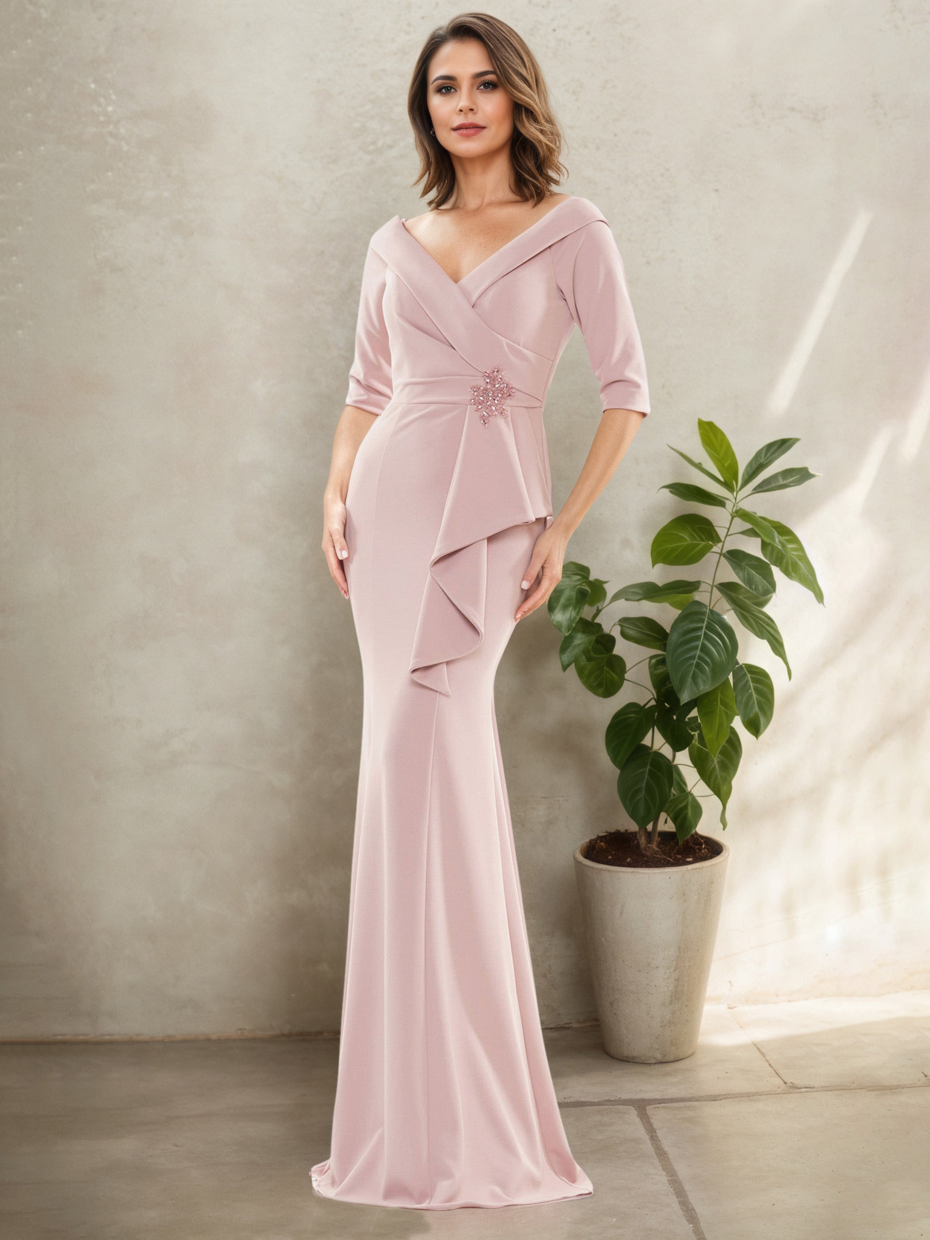 Half Sleeves V-Neck Blush Beading Mother Of The Bride Dress