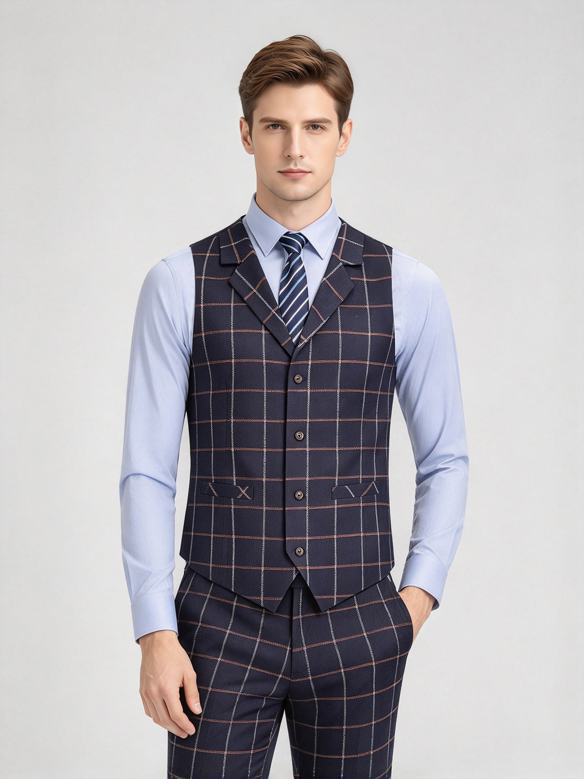 Cicinia Classic Single Breasted Plaid 3 Pieces Notch Lapel Navy Blue Men's Suits