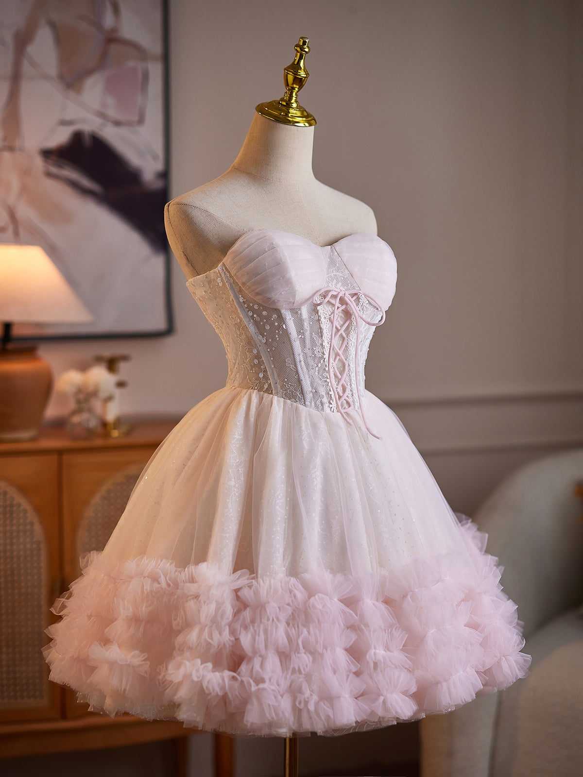 Cicinia Sweetheart Pink Wedding Dresses Short Lace A-line Ruffle Tulle Bridal Dress