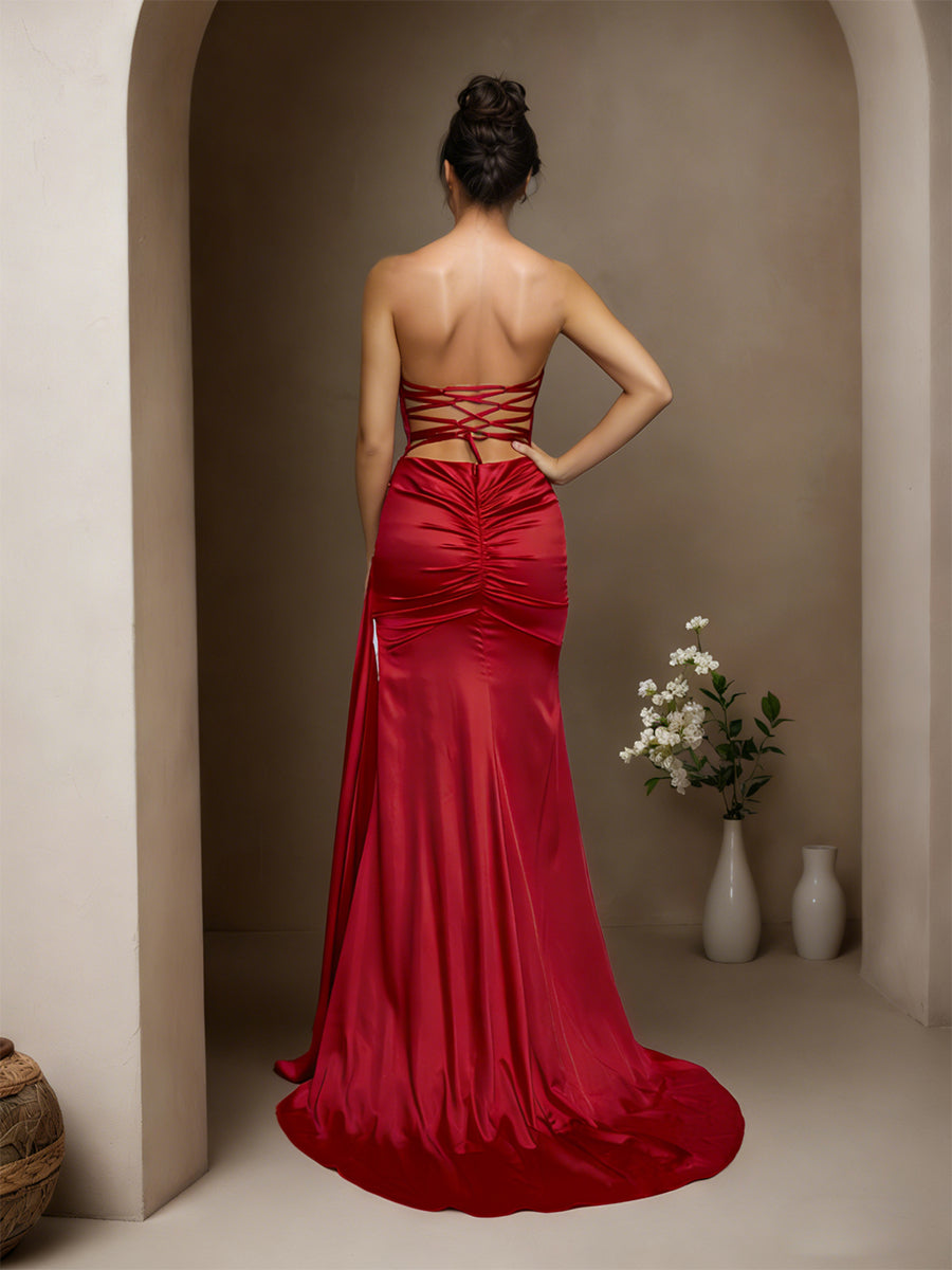 Cicinia Burgundy Prom Dresses Long Soft Satin Sheath Sweep Train Strapless Charming