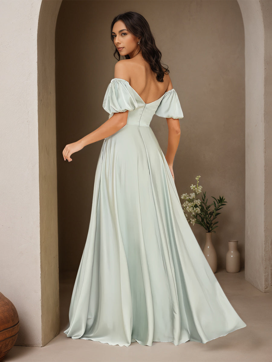 Cicinia Celadon Prom Dresses Long Satin Chiffon A-line Floor Length Off The Shoulder Pufffed Sleeves