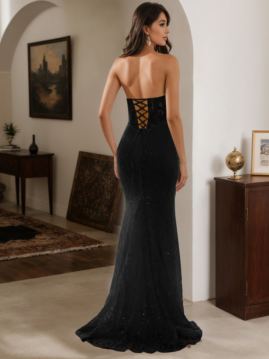 Cicinia Black Prom Dresses Long Lace Sheath Strapless Party Dress With Sweep Train