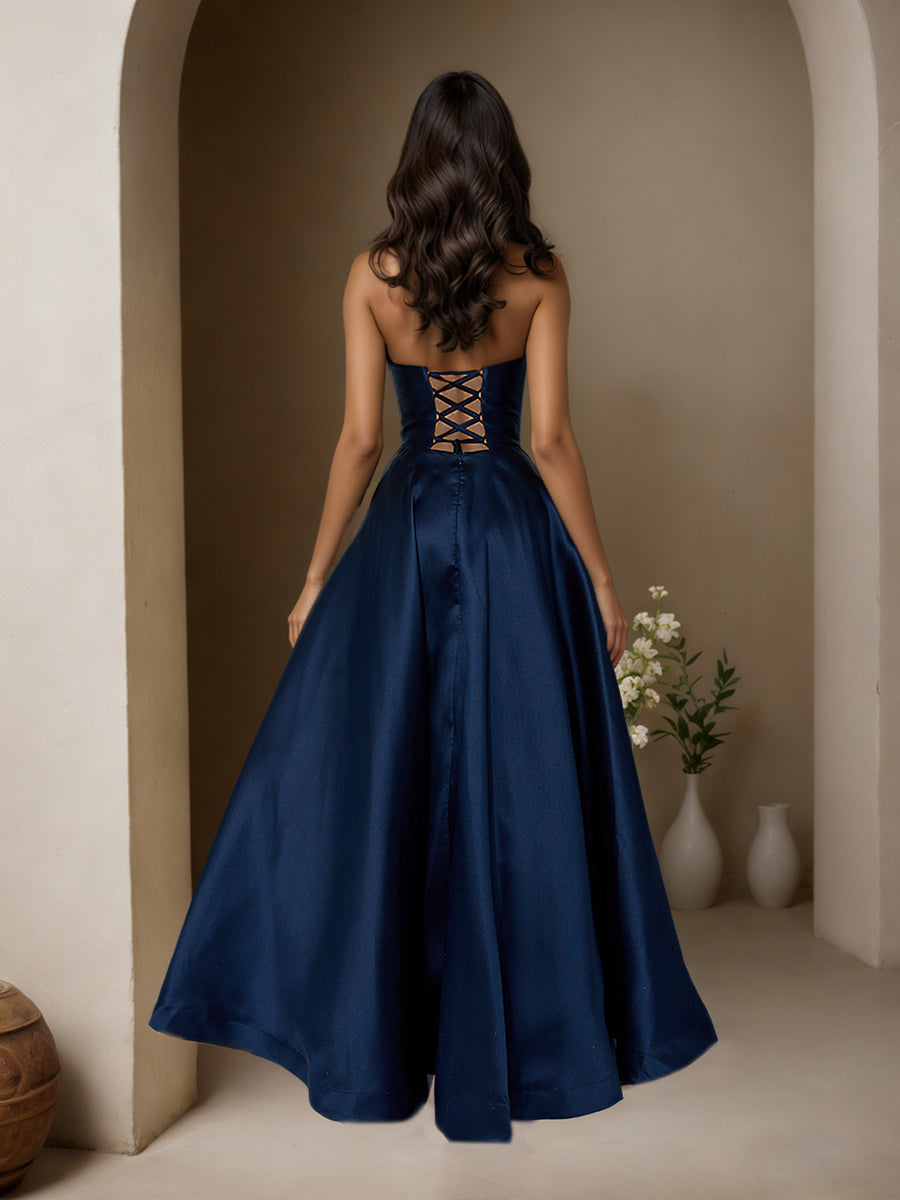 Cicinia Dark Navy Prom Dresses Long Satin A-line Floor Length Strapless Chic