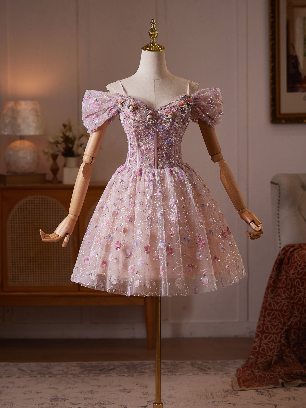 Cicinia Sequined Floral Tulle Pink Homecoming Dresses Short A-line Off The Shoulder Mini Dress