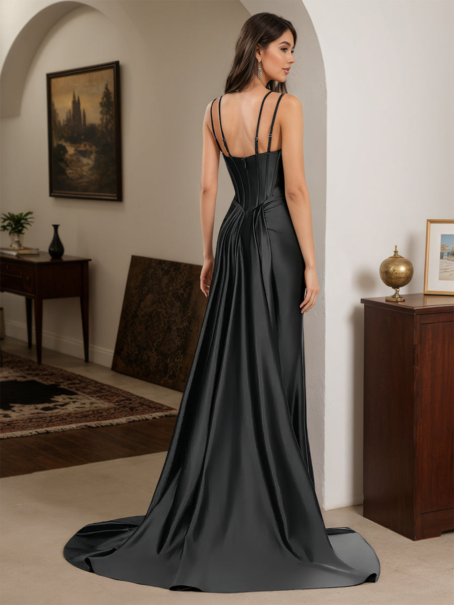 Cicinia Black Prom Dresses Long Spaghetti Straps Sheath Beaded Slit Dress
