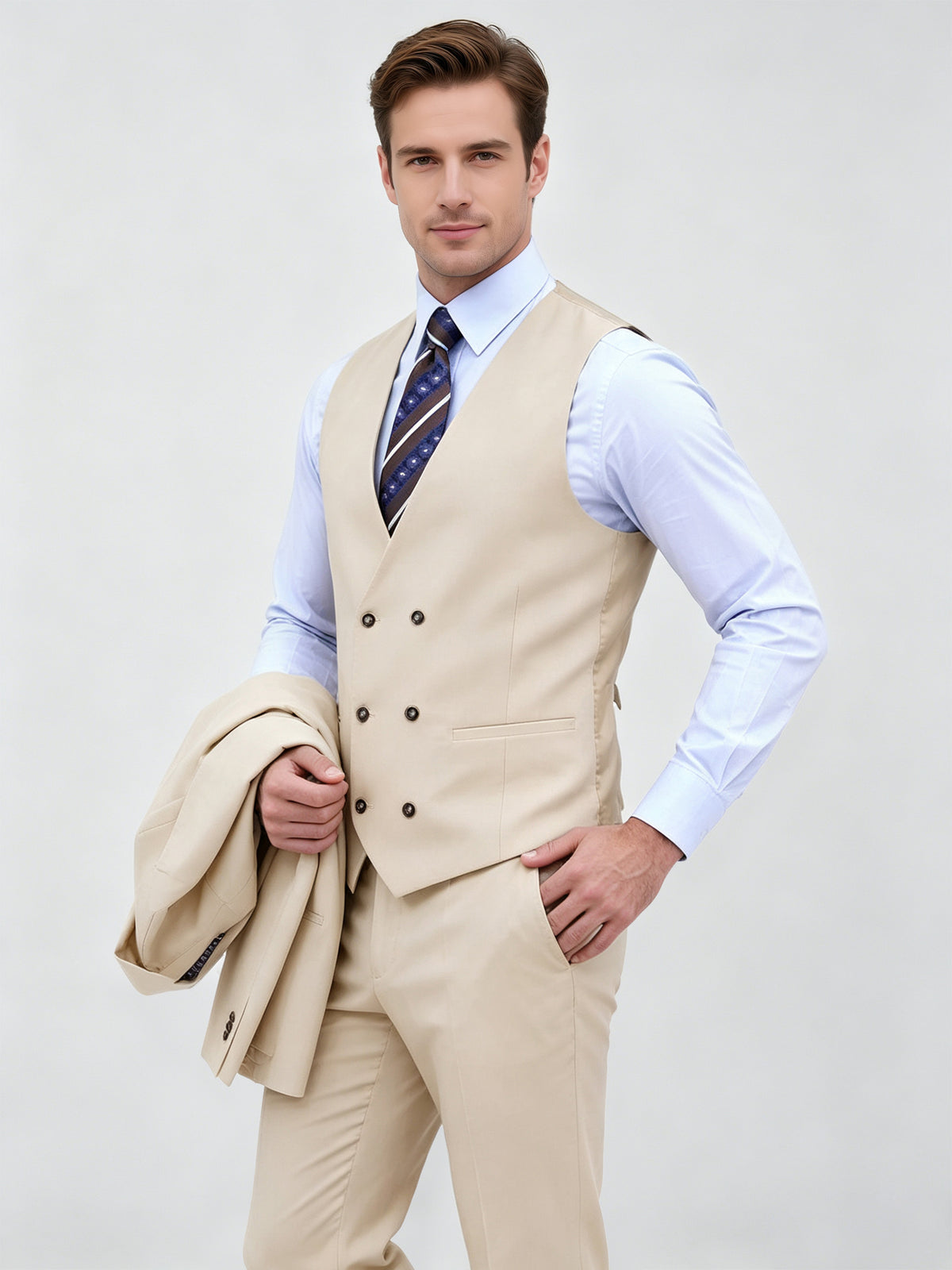 Cicinia Slim Fit Wedding Formal Suit Set Jacket Vest And Full Length Pants Solid Champagne Men's Suits