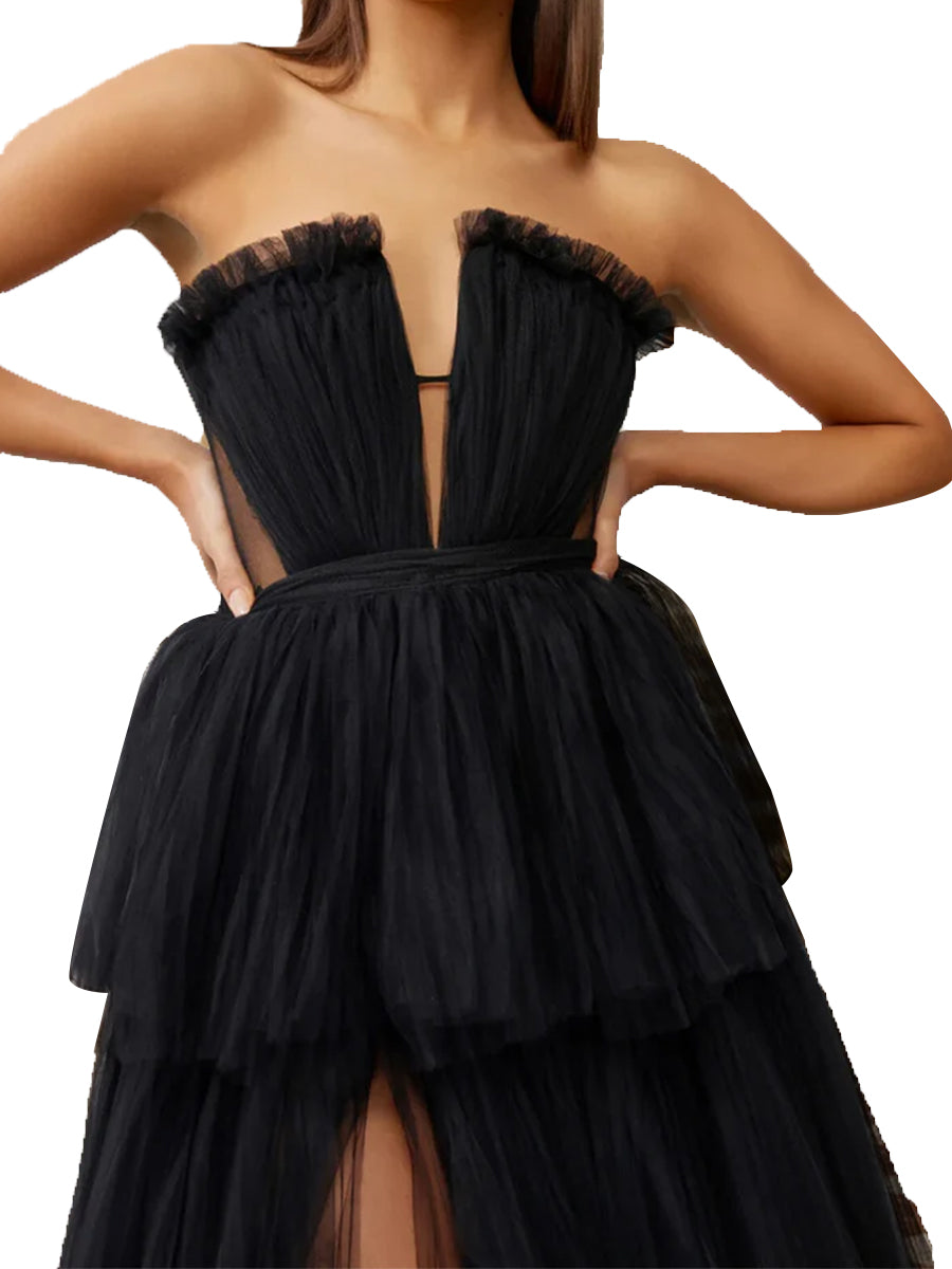 Cicinia Black Prom Dresses Long Tulle A-line Strapless Layered Slit