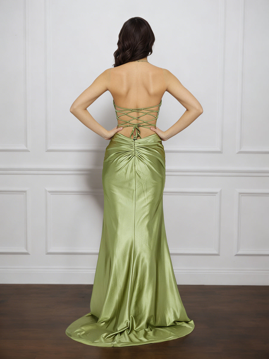 Cicinia Dusty Sage Prom Dresses Long Soft Satin Sheath Strapless Backless Evening Gowns