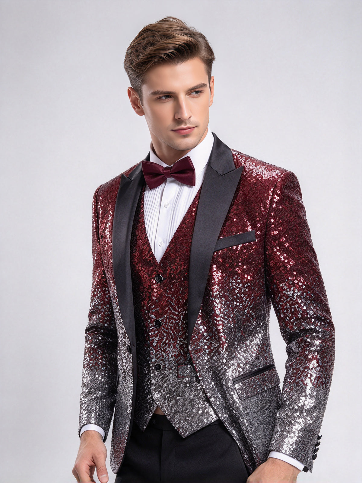 Cicinia 3 Pieces Slim Fit Peak Lapel Tuxedo Style Gradient Sequin Burgundy Silver Men's Suits