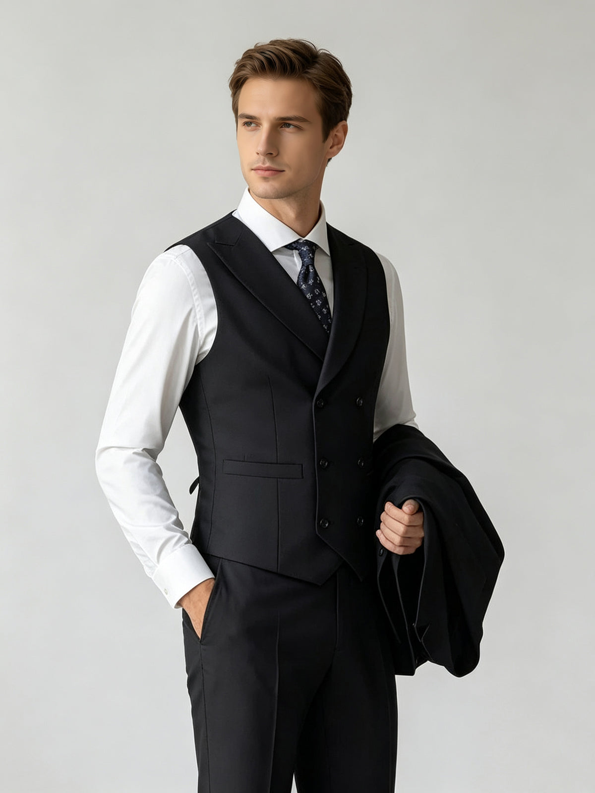 Cicinia 3 Pieces Black Men's Suits Solid Peak Lapel Slim Fit Double Breasted Vest Suit