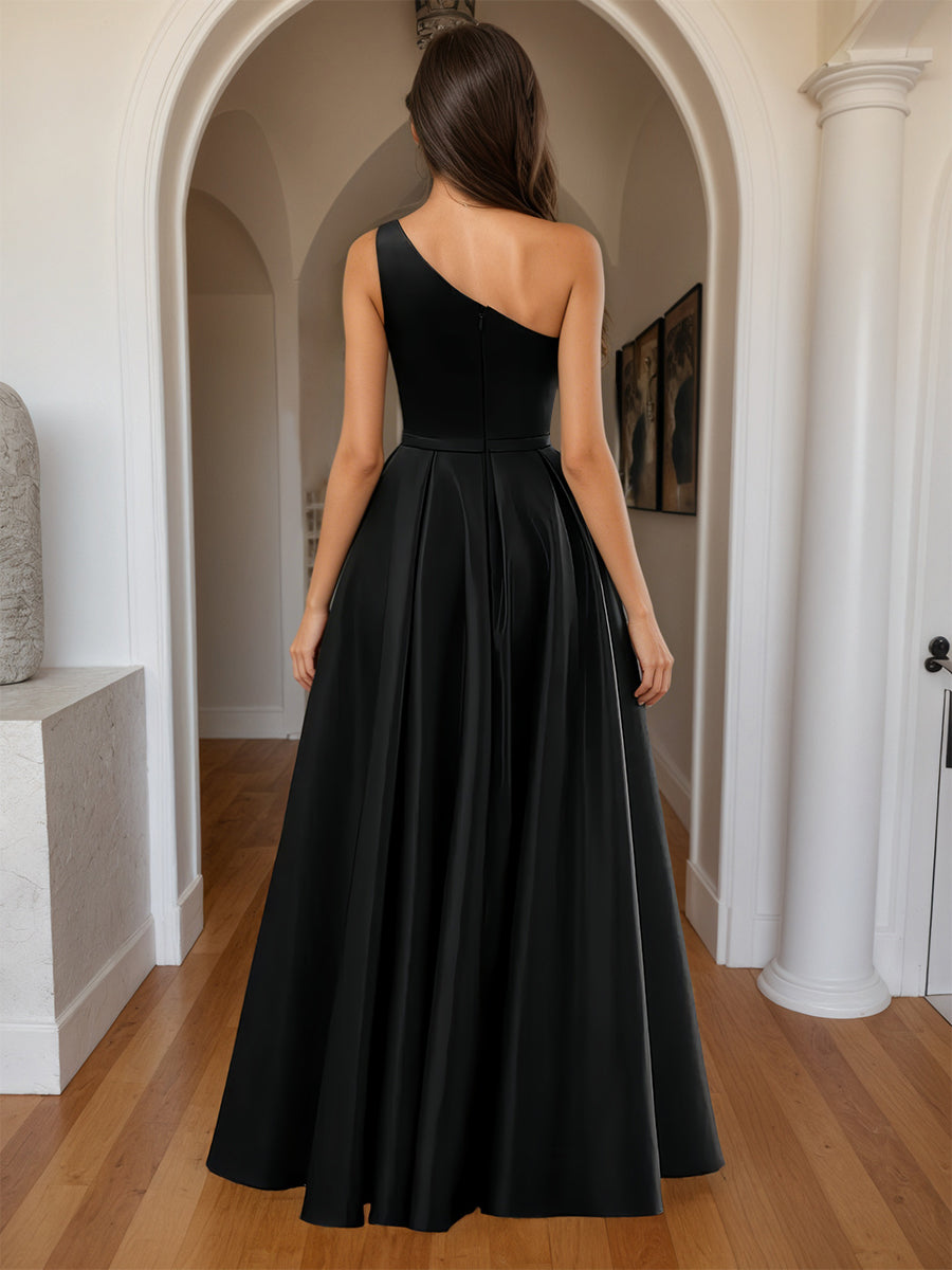 Cicinia Black Prom Dresses Long A-line Satin Slit One Shoulder Floor Length Gowns