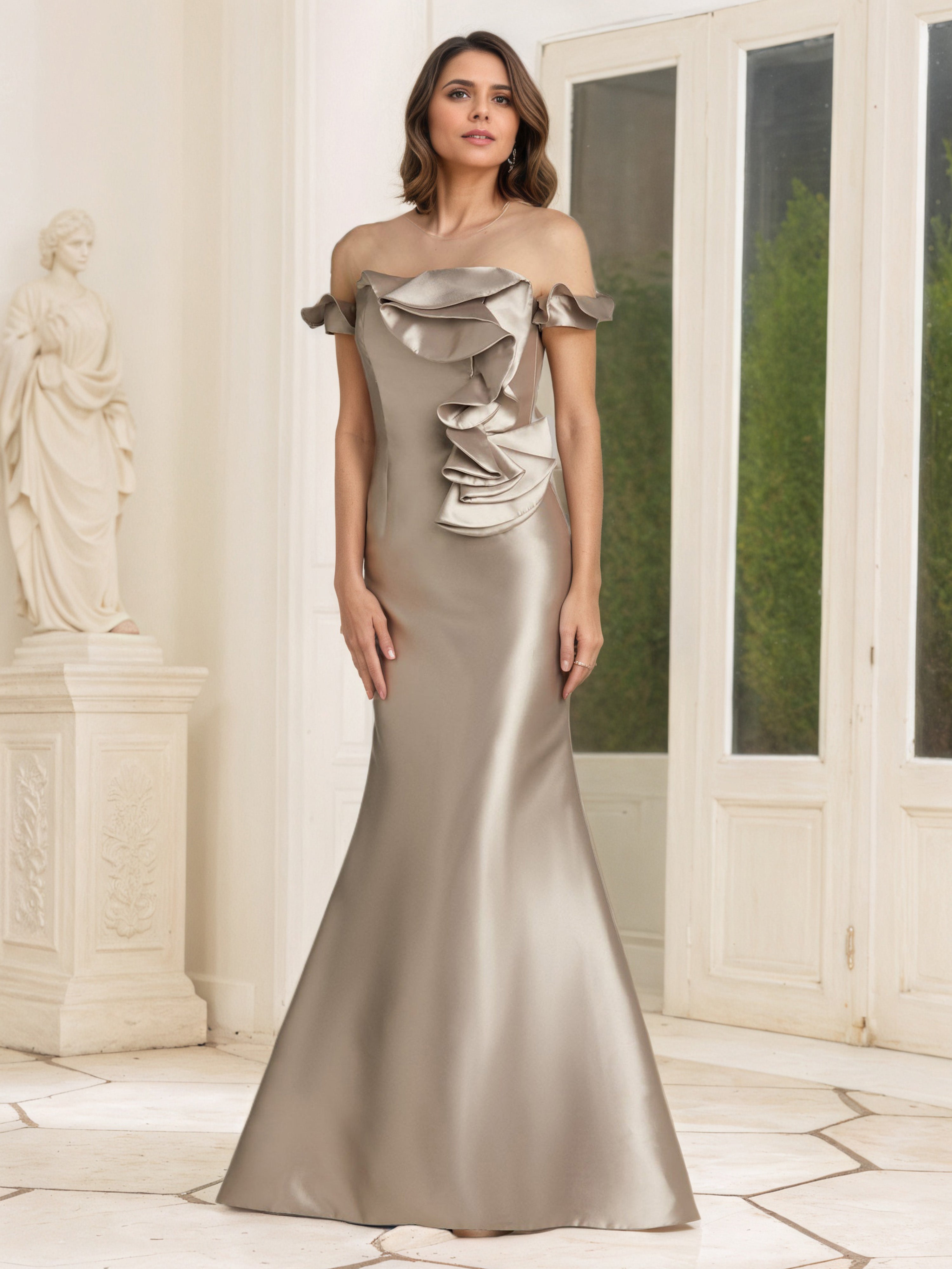 Sheer Neck Short Sleeves Sheath Taupe Mother Of The Bride Dress
