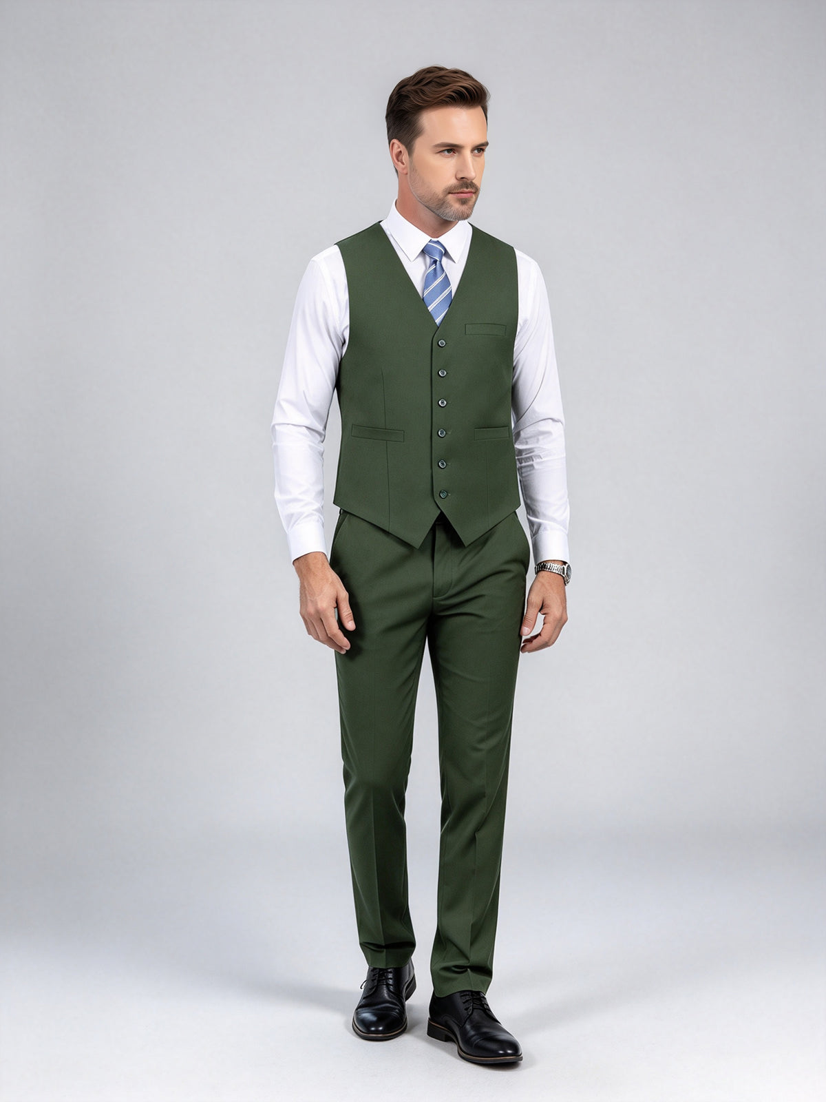 Cicinia 3 Piece Double Breasted Jacket V Neck Single Breasted Vest Straight Leg Trousers Dark Green Men's Suits