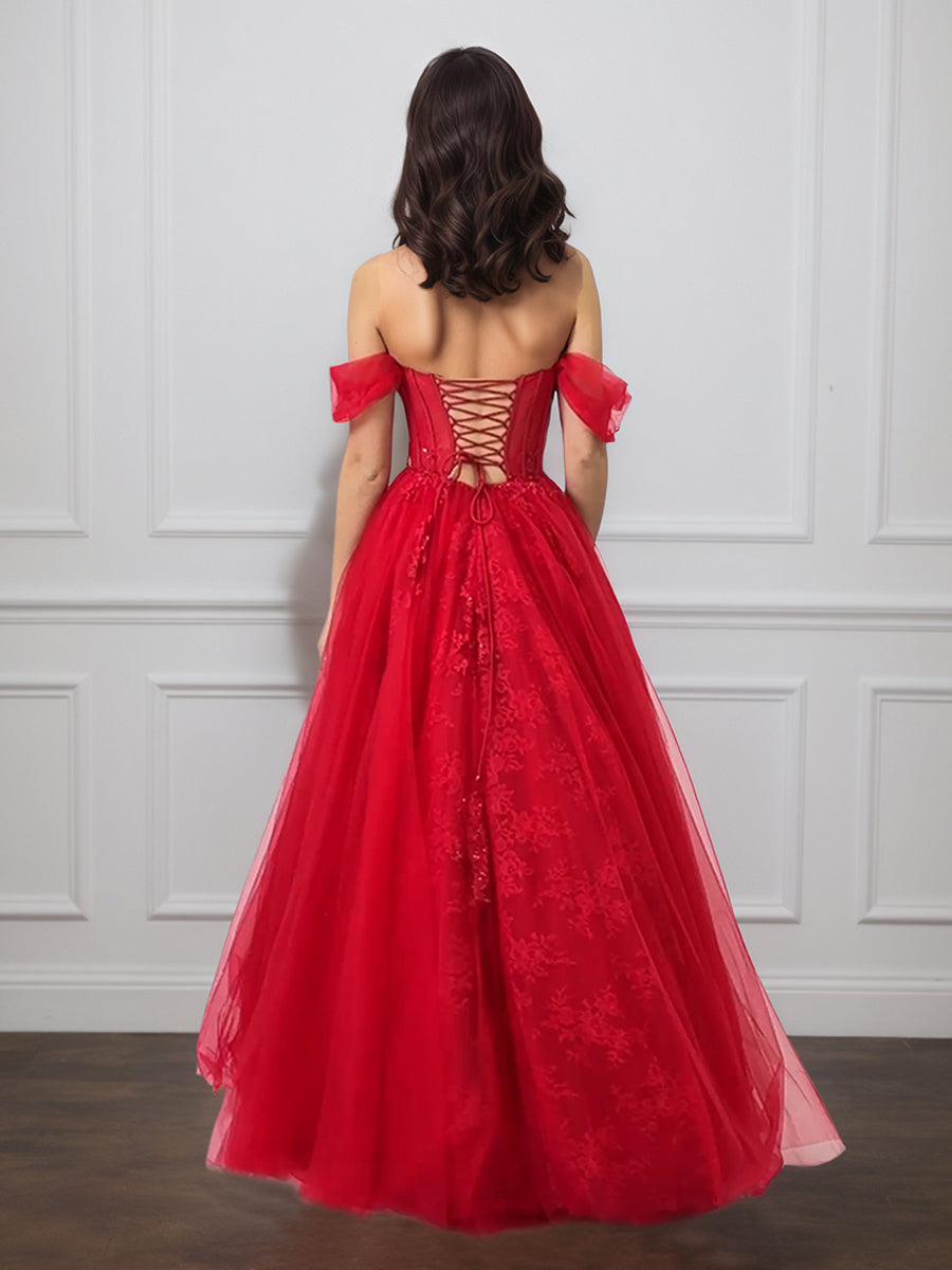Cicinia Red Prom Dresses Long Tulle A-line Off The Shoulder Floor Length