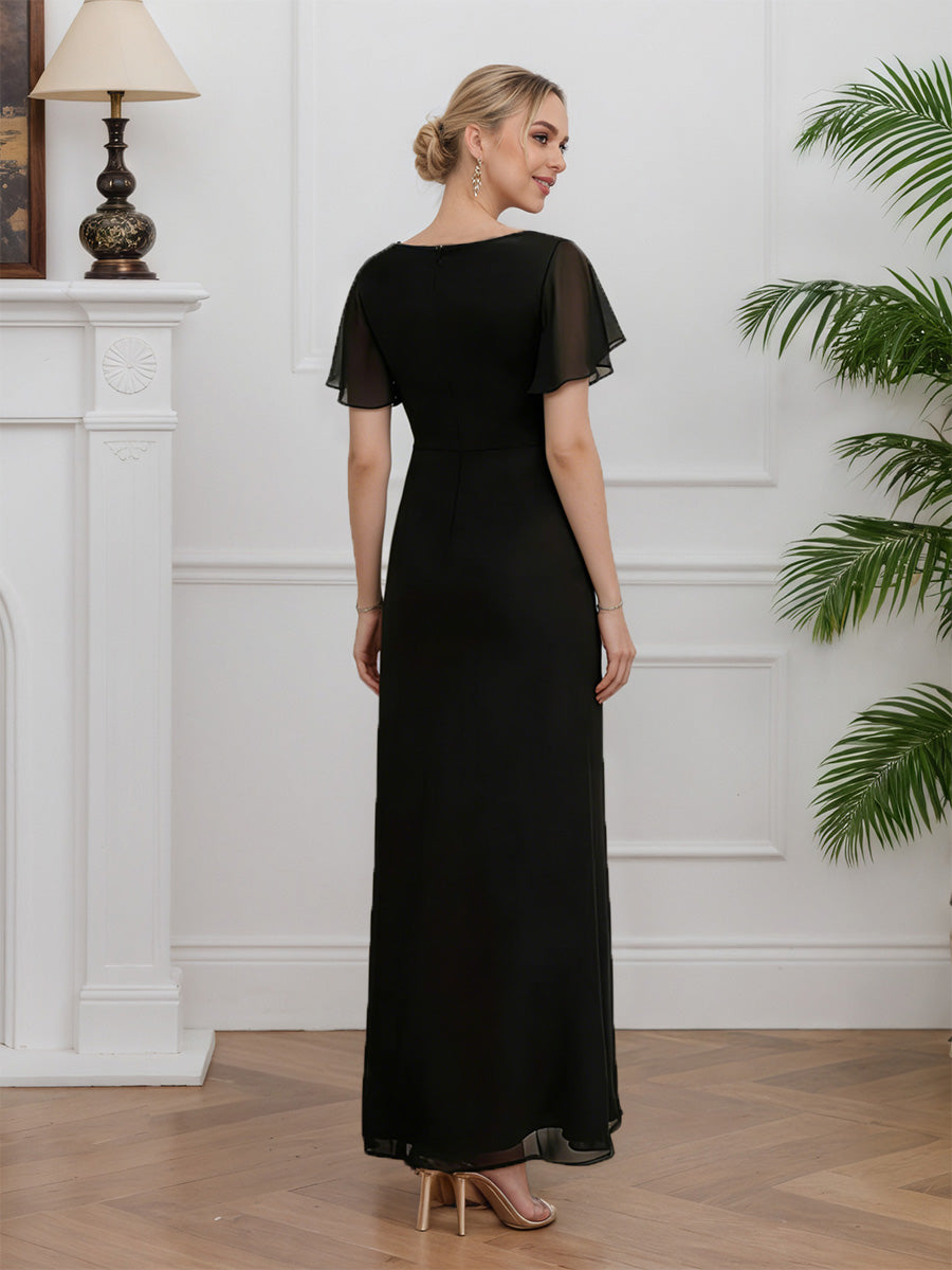 Cicinia Black Mother Of The Groom Dress Long Chiffon Sheath Short Sleeves Floor Length