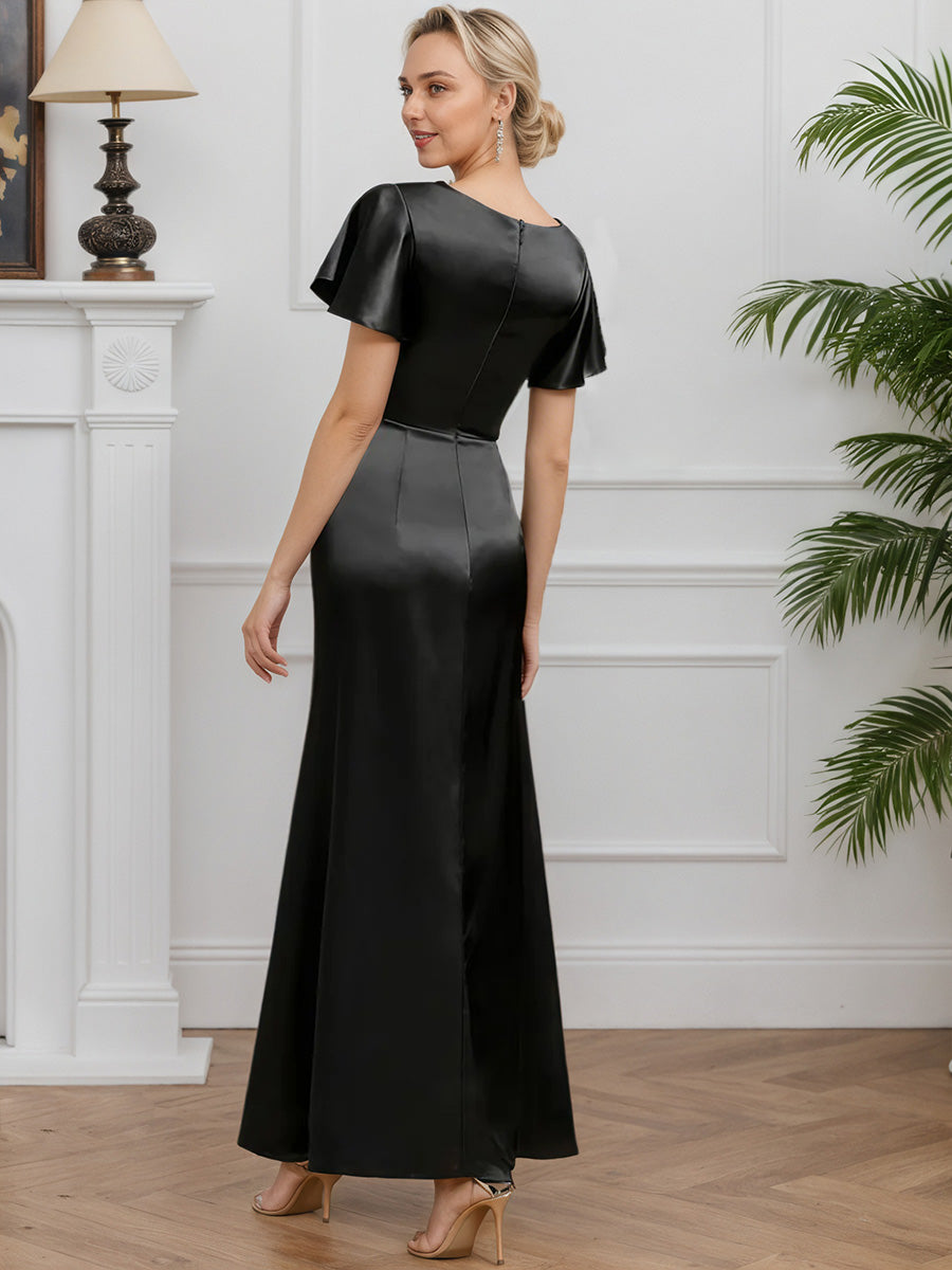 Cicinia Black Mother Of The Groom Dress Long Satin A-line Short Sleeves Beaded
