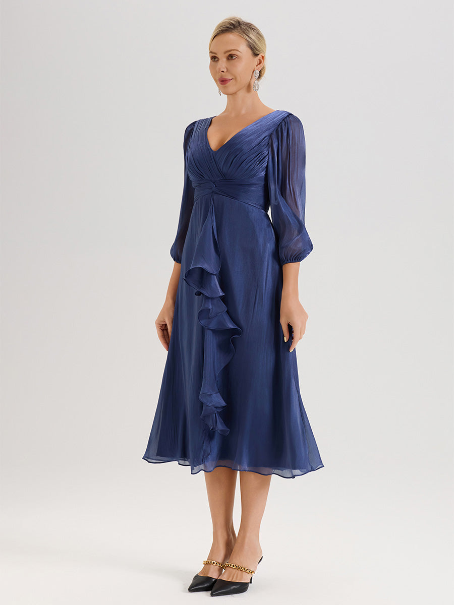 Cicinia Navy Blue Mother Of The Bride Dress Long Crepe A-line Tea Length 3/4 Sleeves