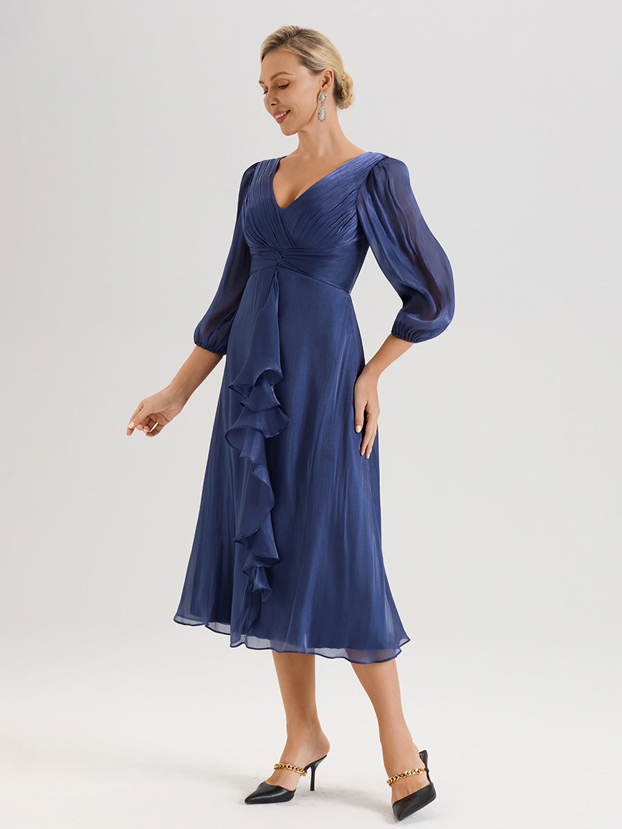 Cicinia Navy Blue Mother Of The Bride Dress Long Crepe A-line Tea Length 3/4 Sleeves