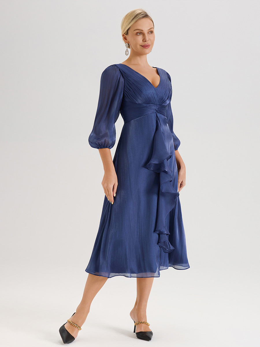 Cicinia Navy Blue Mother Of The Bride Dress Long Crepe A-line Tea Length 3/4 Sleeves