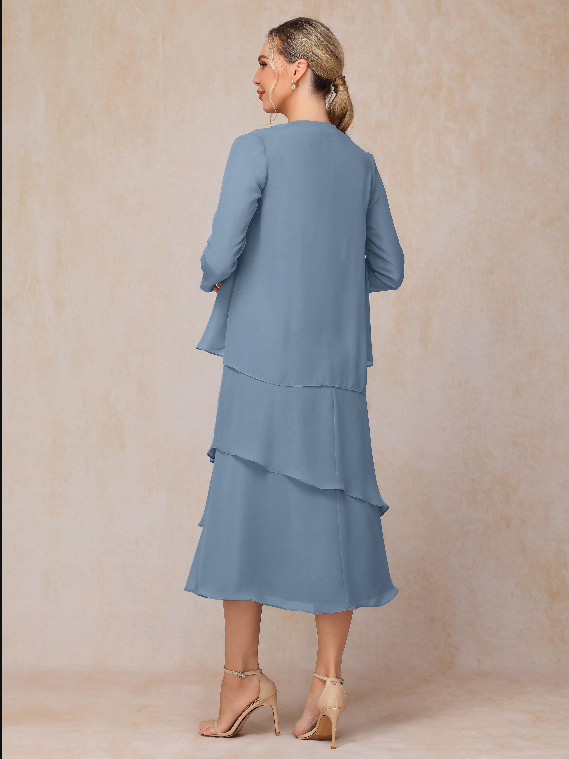 2 Pieces Tea Length Long Sleeves Chiffon Mother Of The  Groom Dress