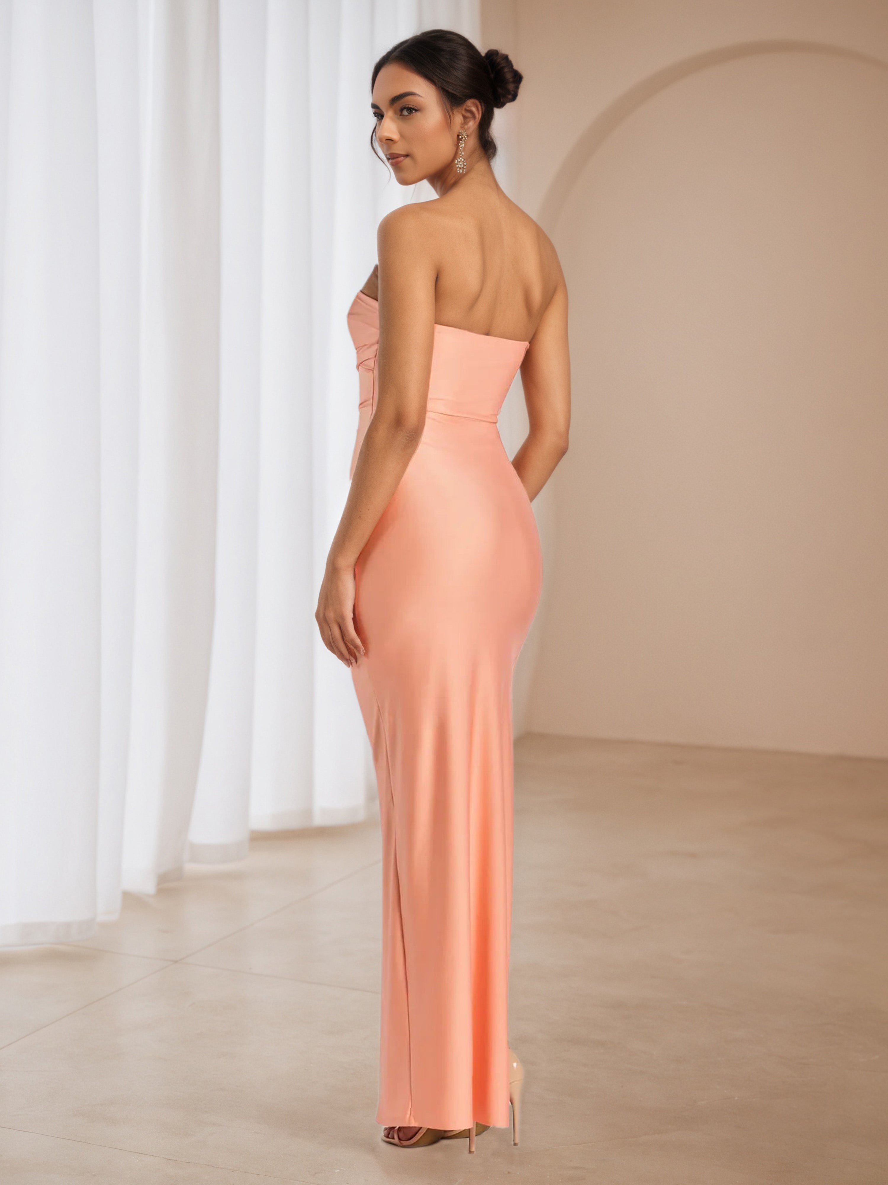 Strapless Coral Split Wedding Guest Dress