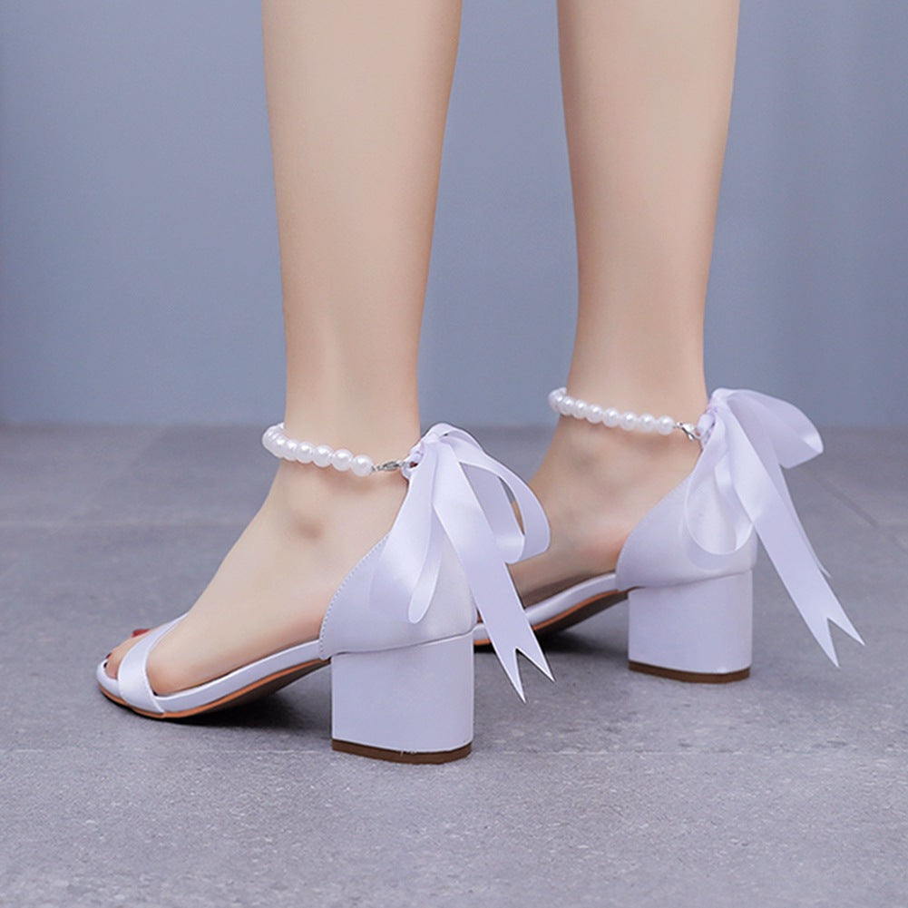 Single Strap Chunky Heels Sandals With Beaded Ribbons