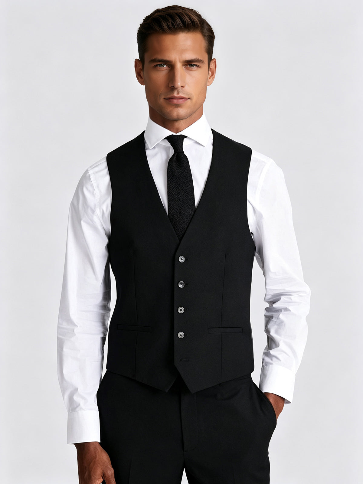 Cicinia 3 Pieces Black Men's Suits Notch Lapel Single Breasted Jacket V Neck Waistcoat Suit