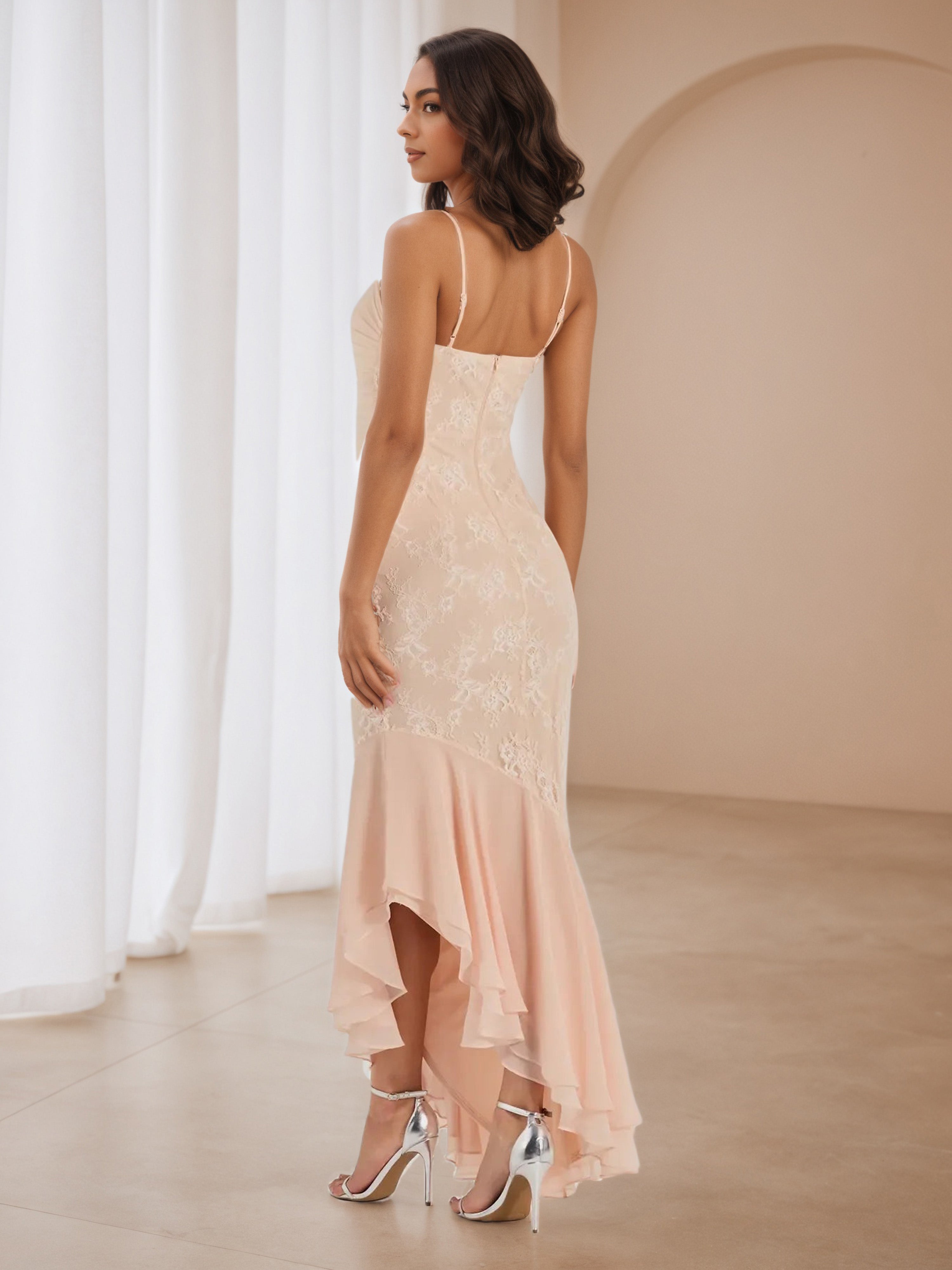 Ankle Length Ruffle Side Spaghetti Straps Coral Wedding Guest Dress