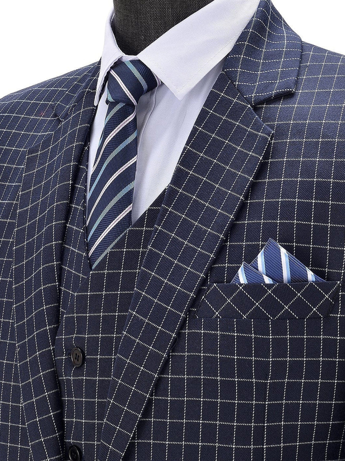 Cicinia Slim Fit 3 Pieces Notched Lapel Single Breasted Windowpane Check Navy Blue Men's Suits