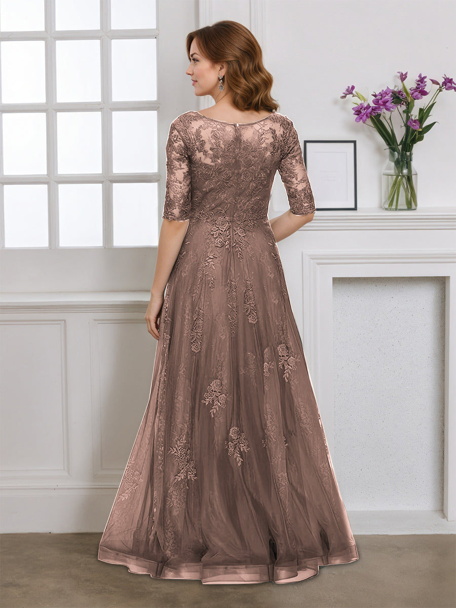 Cicinia Brown Mother Of The Bride Dress Half Sleeves Long Tulle Appliques Lace Floor Length