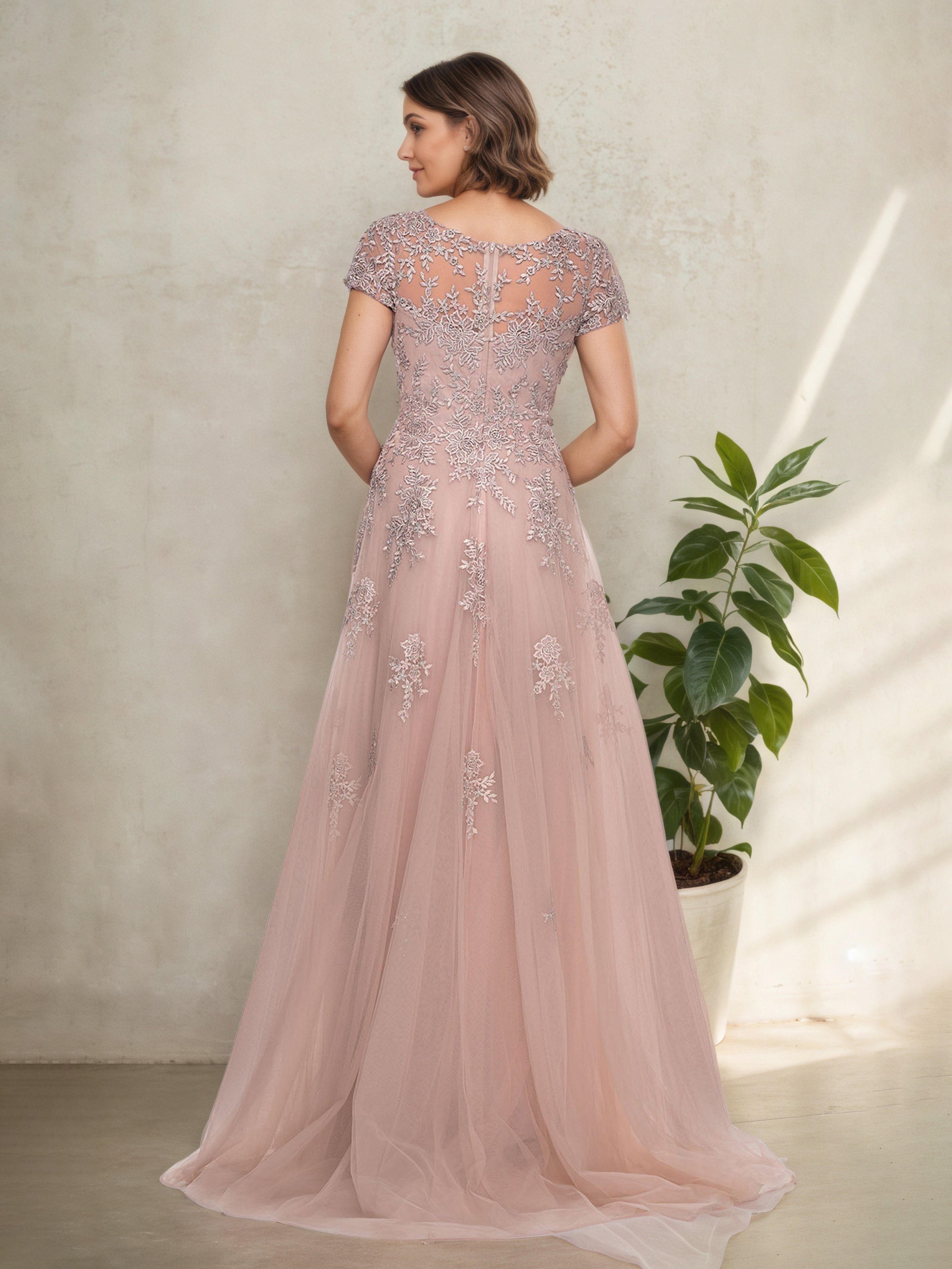 Dusty Rose Lace Short Sleeves V-Neck Mother Of The Bride Dress