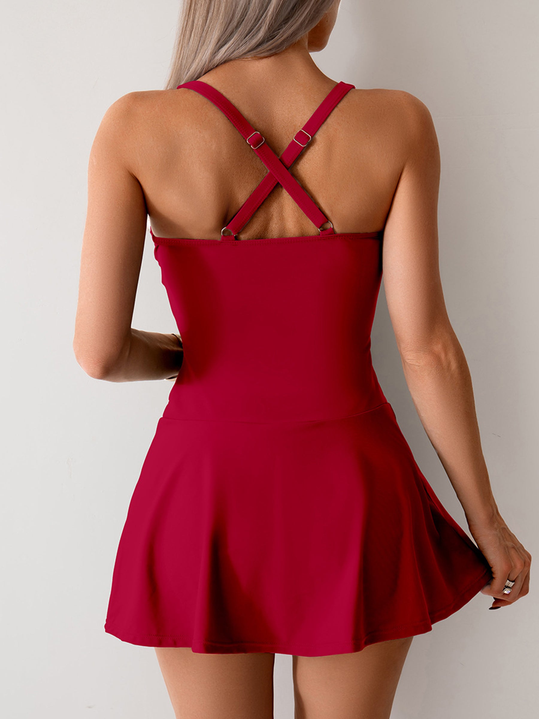 Cicinia Twist Front Cross Back Skort Romper Women Slim Casual One Piece Outfit Burgundy Party Dress