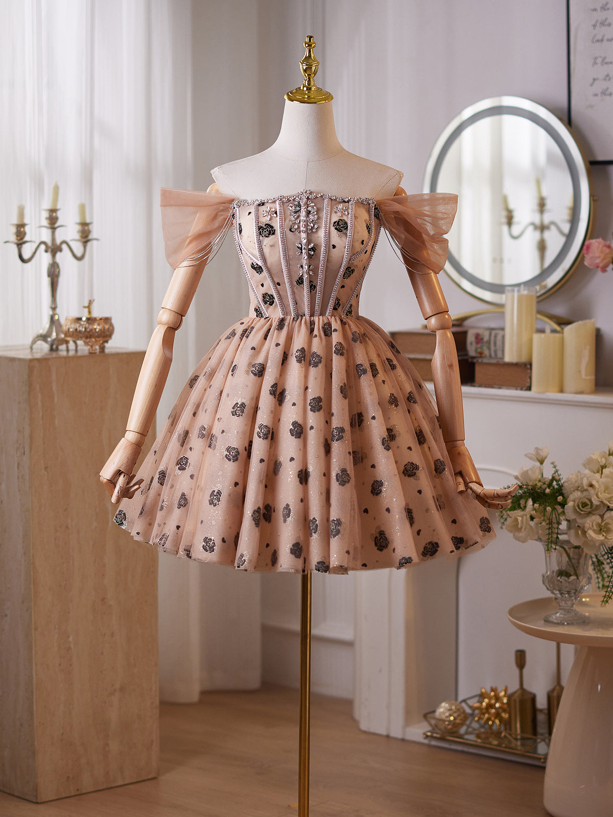 Cicinia Formal Rose Print Tulle Khaki Homecoming Dresses Short A-line Off The Shoulder Mini Length Party Dress