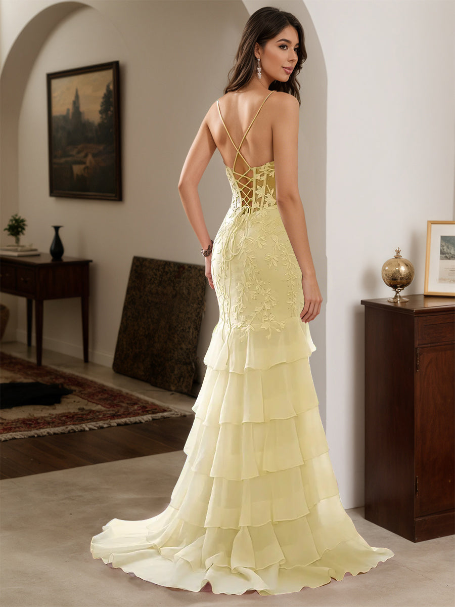 Cicinia Daffodil Prom Dresses Long Chiffon Appliques Lace Sheath Layered Spaghetti Straps