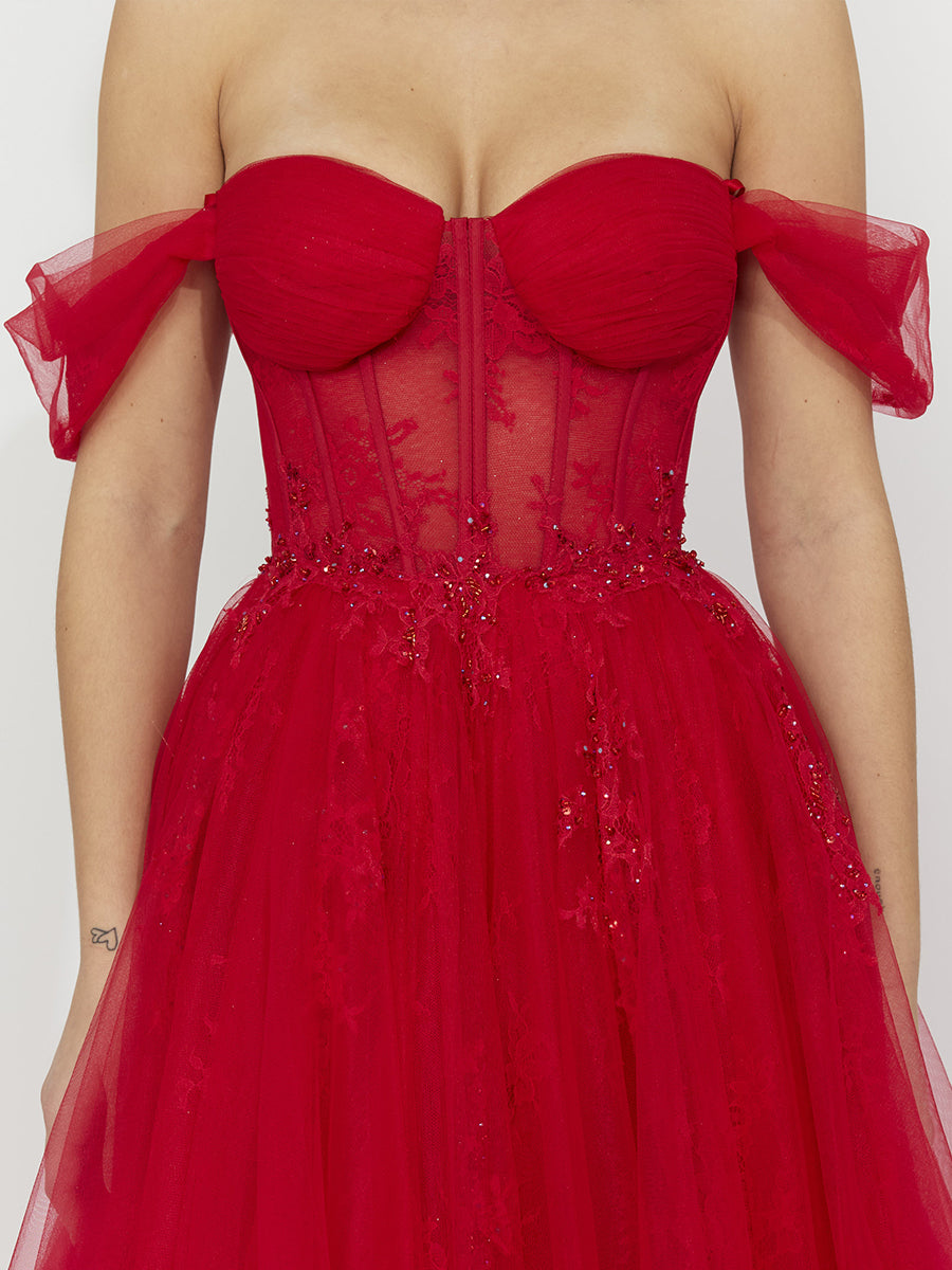 Cicinia Red Prom Dresses Long Tulle A-line Off The Shoulder Floor Length