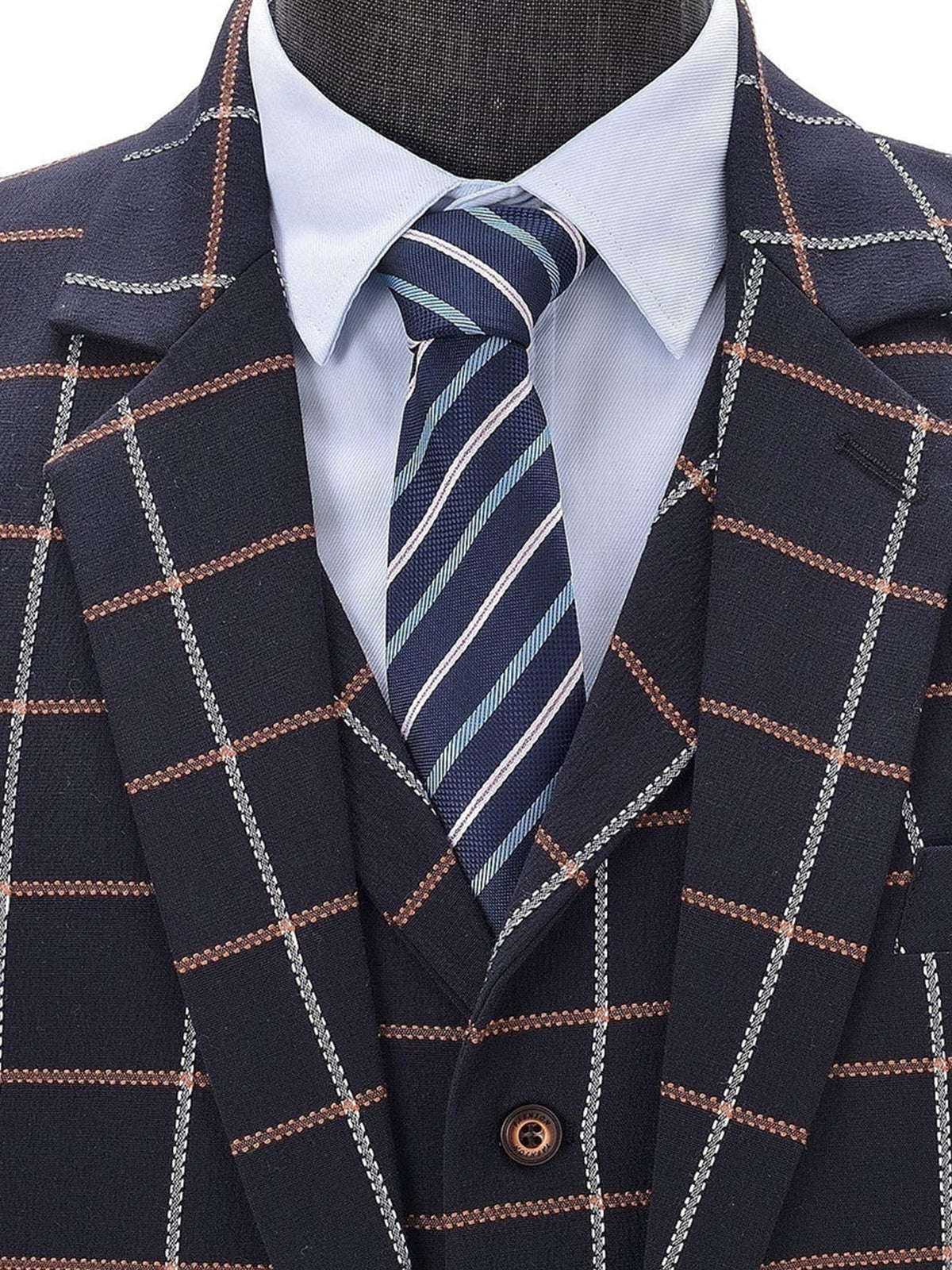 Cicinia Classic Single Breasted Plaid 3 Pieces Notch Lapel Navy Blue Men's Suits