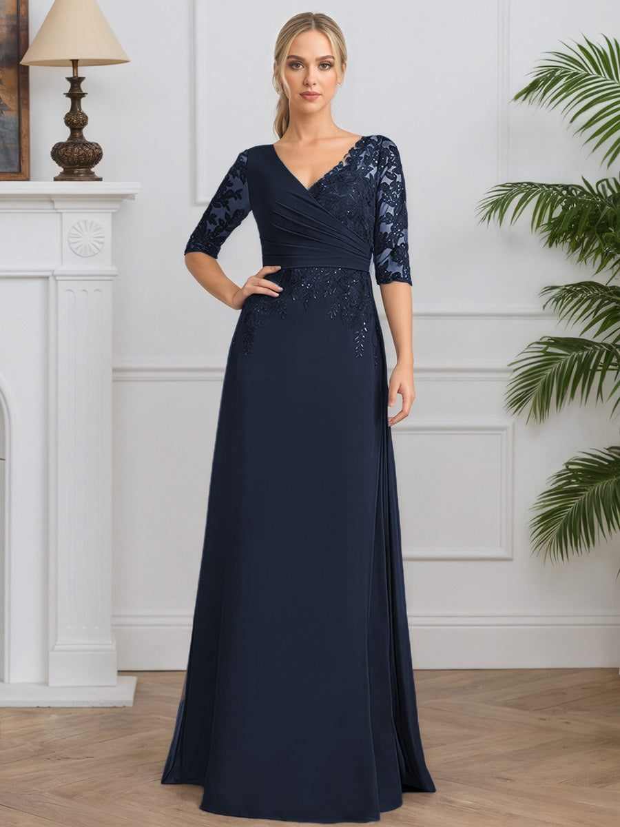 Cicinia Dark Navy Mother Of The Bride Dress Long Chiffon Lace A-line V-neck Half Sleeves