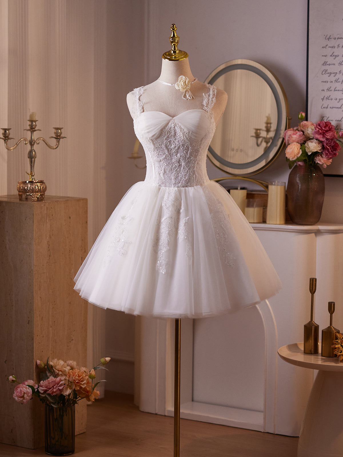 Cicinia Charming Lace Up Back Beaded Tulle A-line White Wedding Dresses Short Mini Length Dress